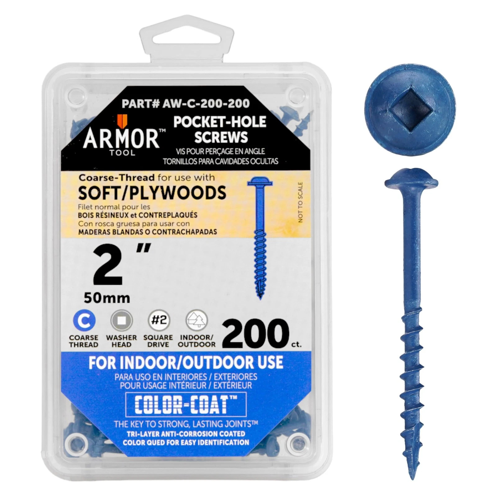 Armor Tool Pocket Hole Screws 2 Coarse Thread 200 Pack Blue Color AW-C-200-200