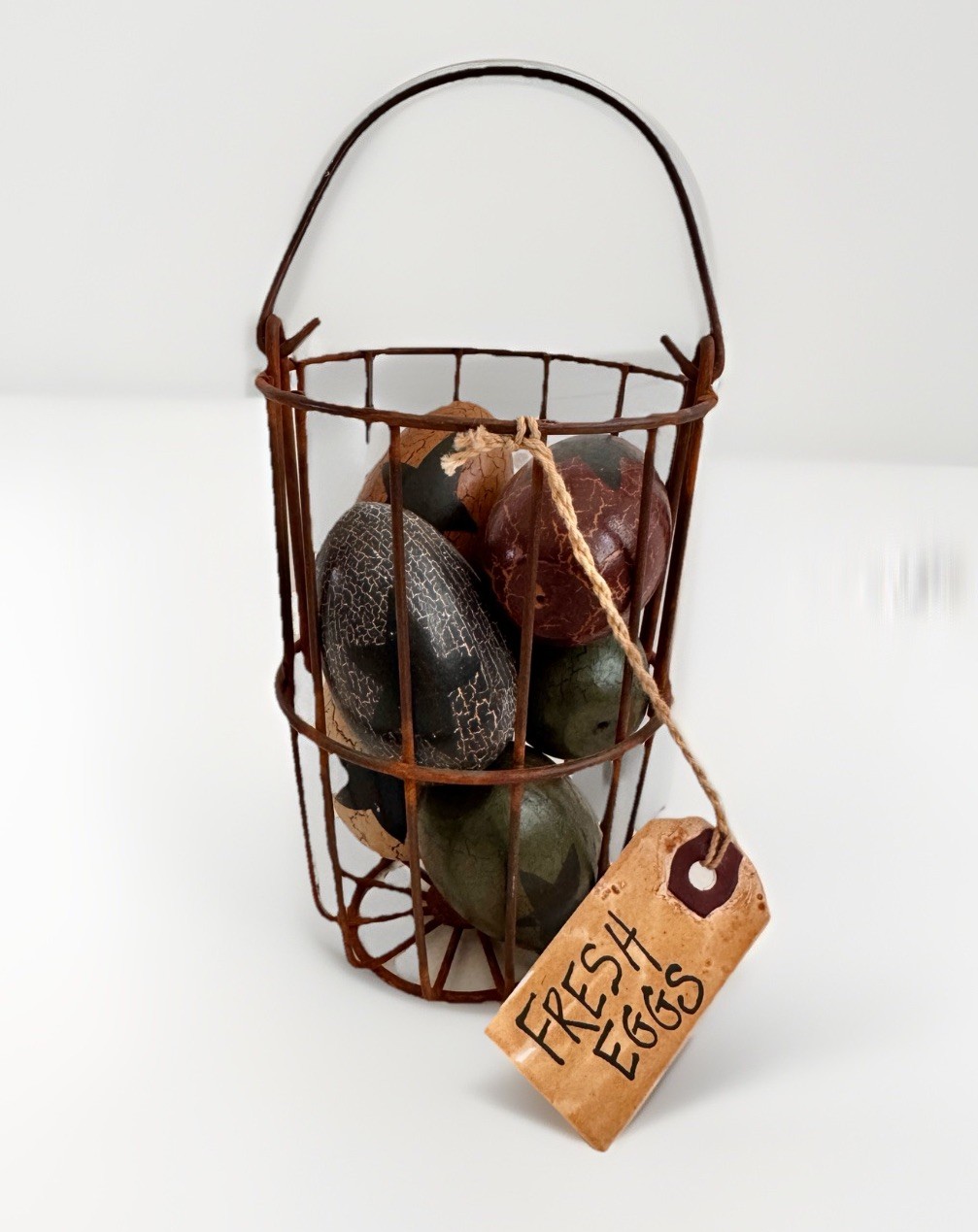 Rustic Farmhouse Wire Basket with 5 Crackled Folk Art Wooden Eggs