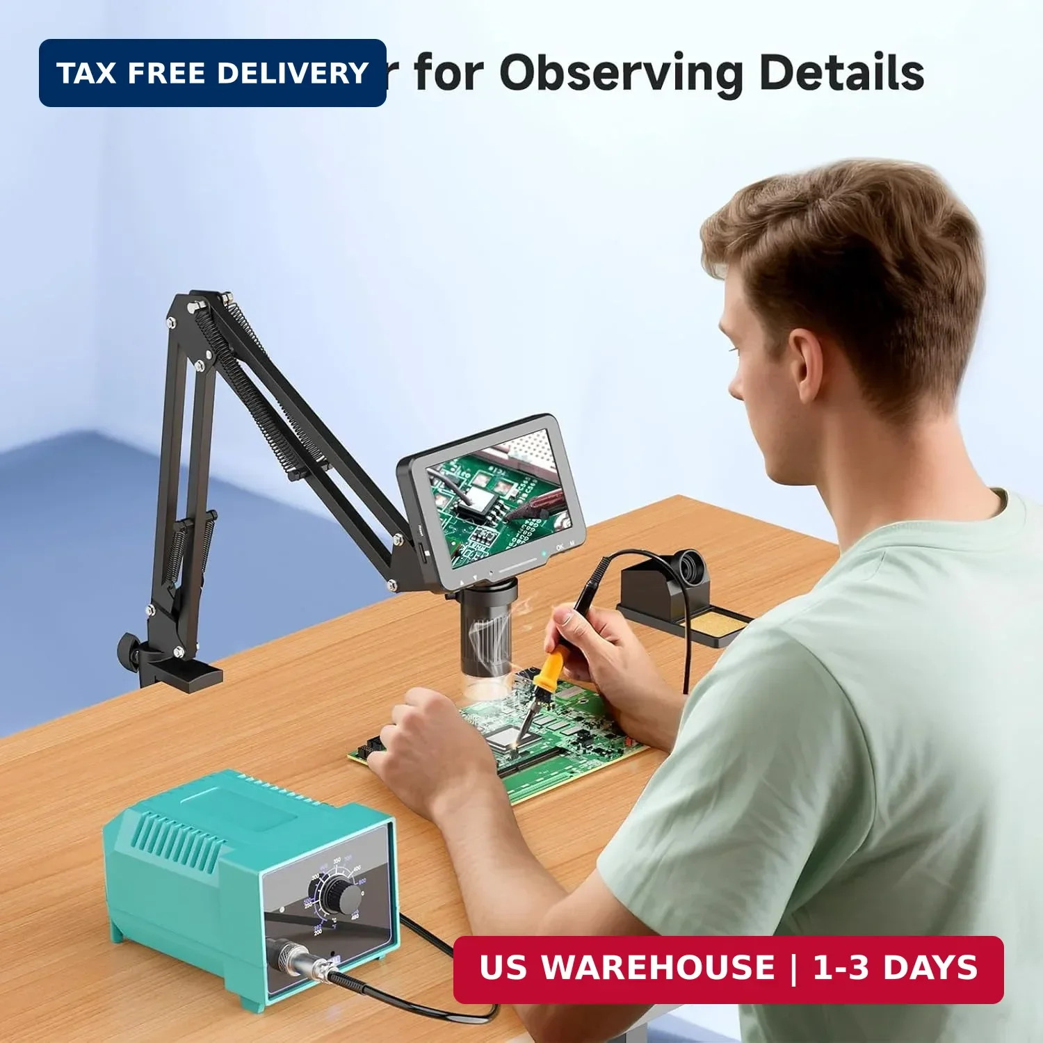 5" LCD Digital Soldering Microscope with Flexible Stand, 1000X Magnification for