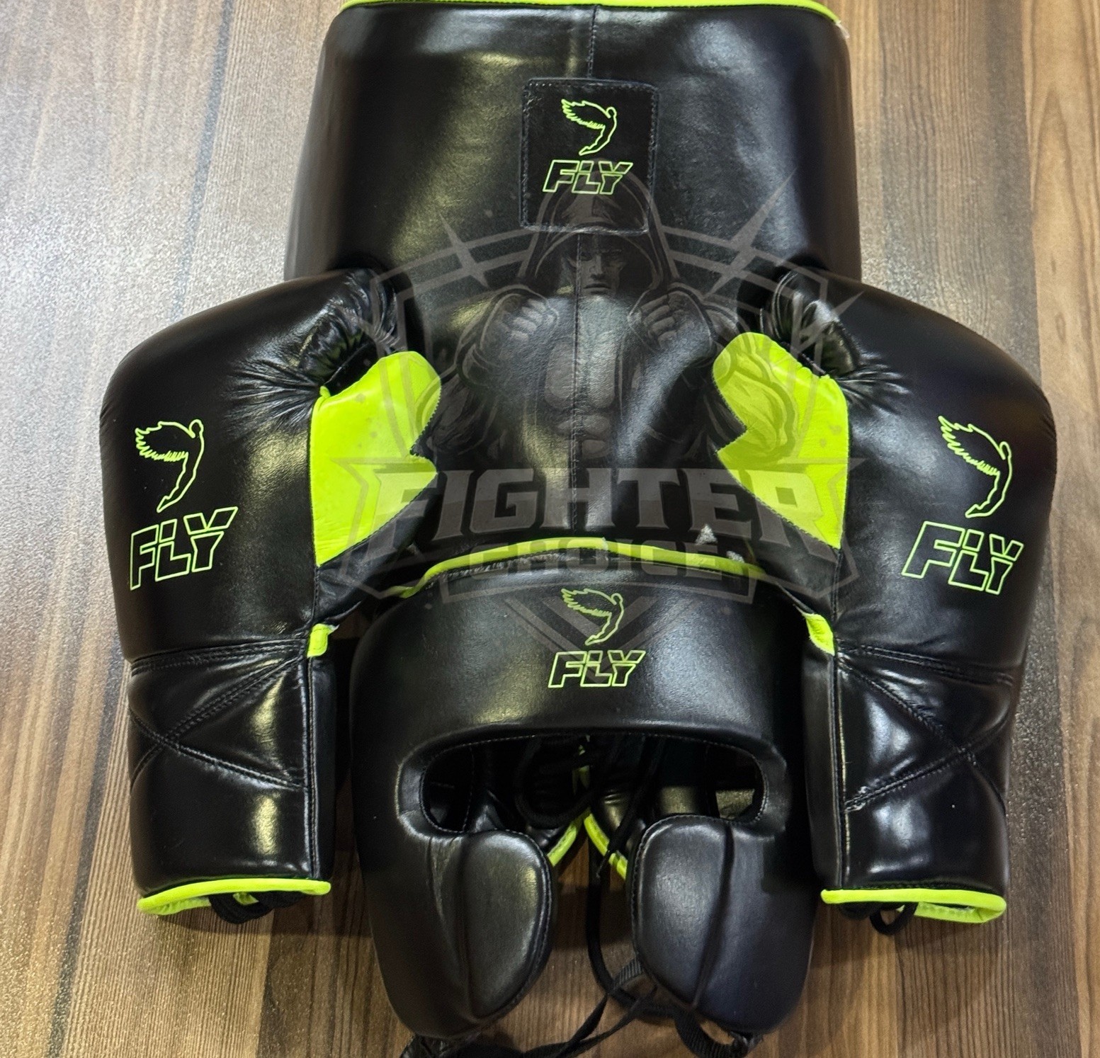 Custom Made Fly Boxing Set Black & Neongreen Cowhide Leather Sparring & Training