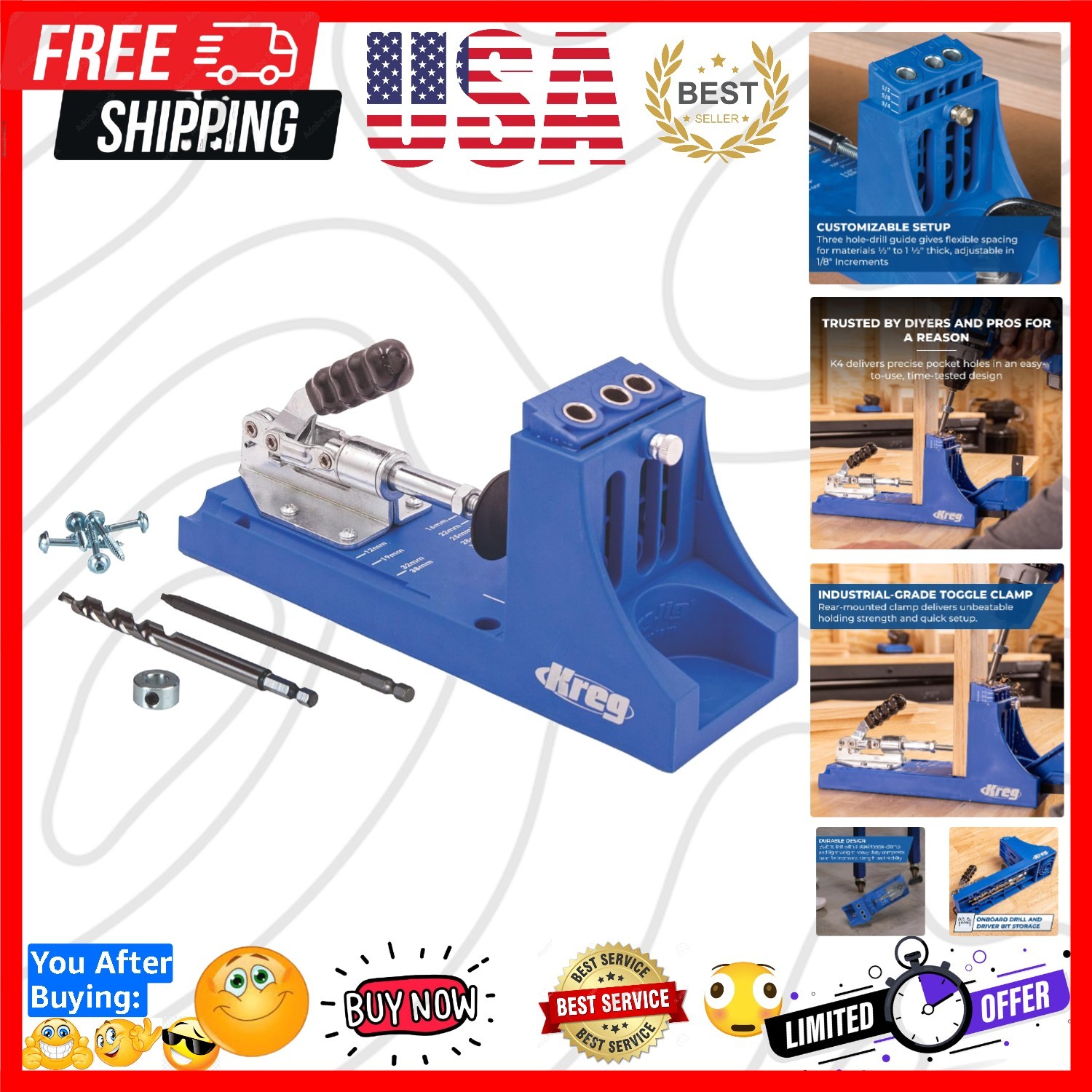 K4 Pocket Hole Jig - Adjustable, Versatile Jig for Strong Joints - Create Per...