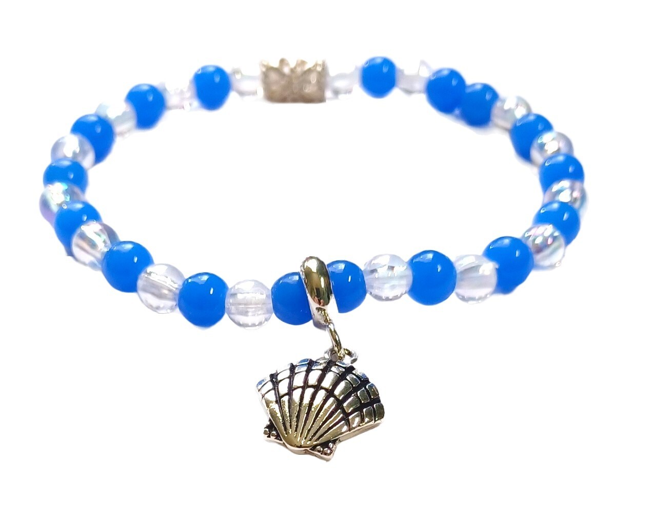 Blue and Clear Beaded Shell Bracelet-7.5 inch Stretchy