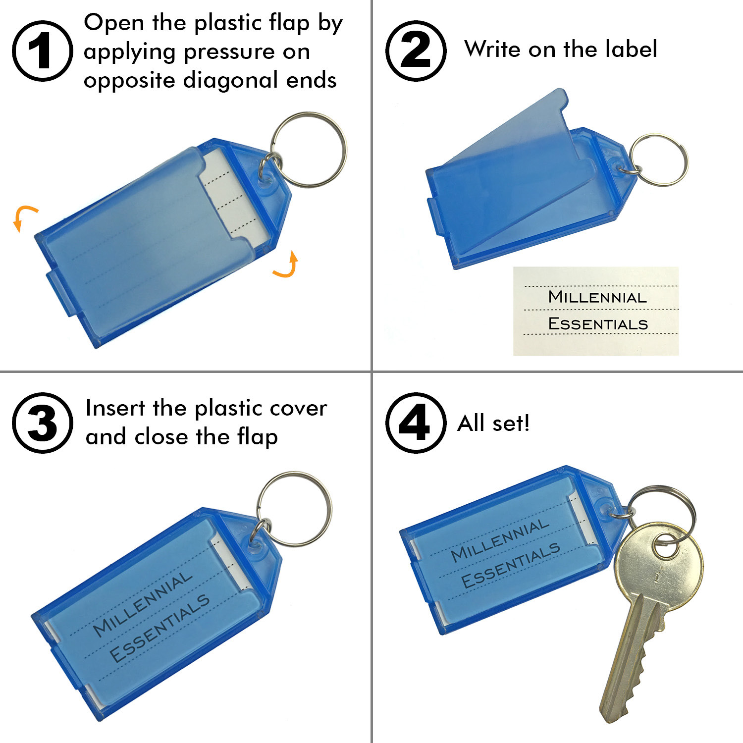50pack Tough Plastic Key Tags w/ Split Ring Label Window Coded ID Luggage Tags