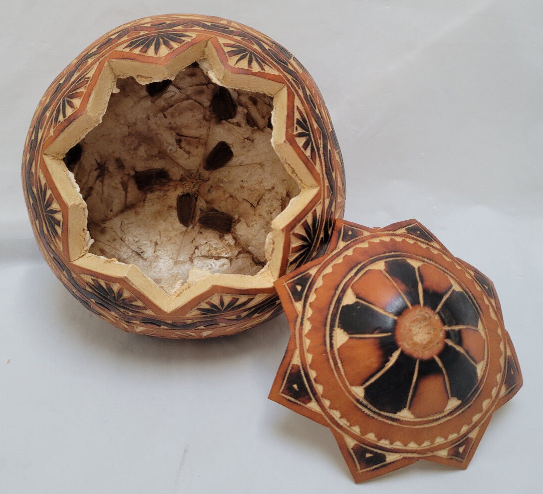 Vintage Detailed Hand Carved Folk Art Gourd 5" Trinket Box Star Lid Made in Peru