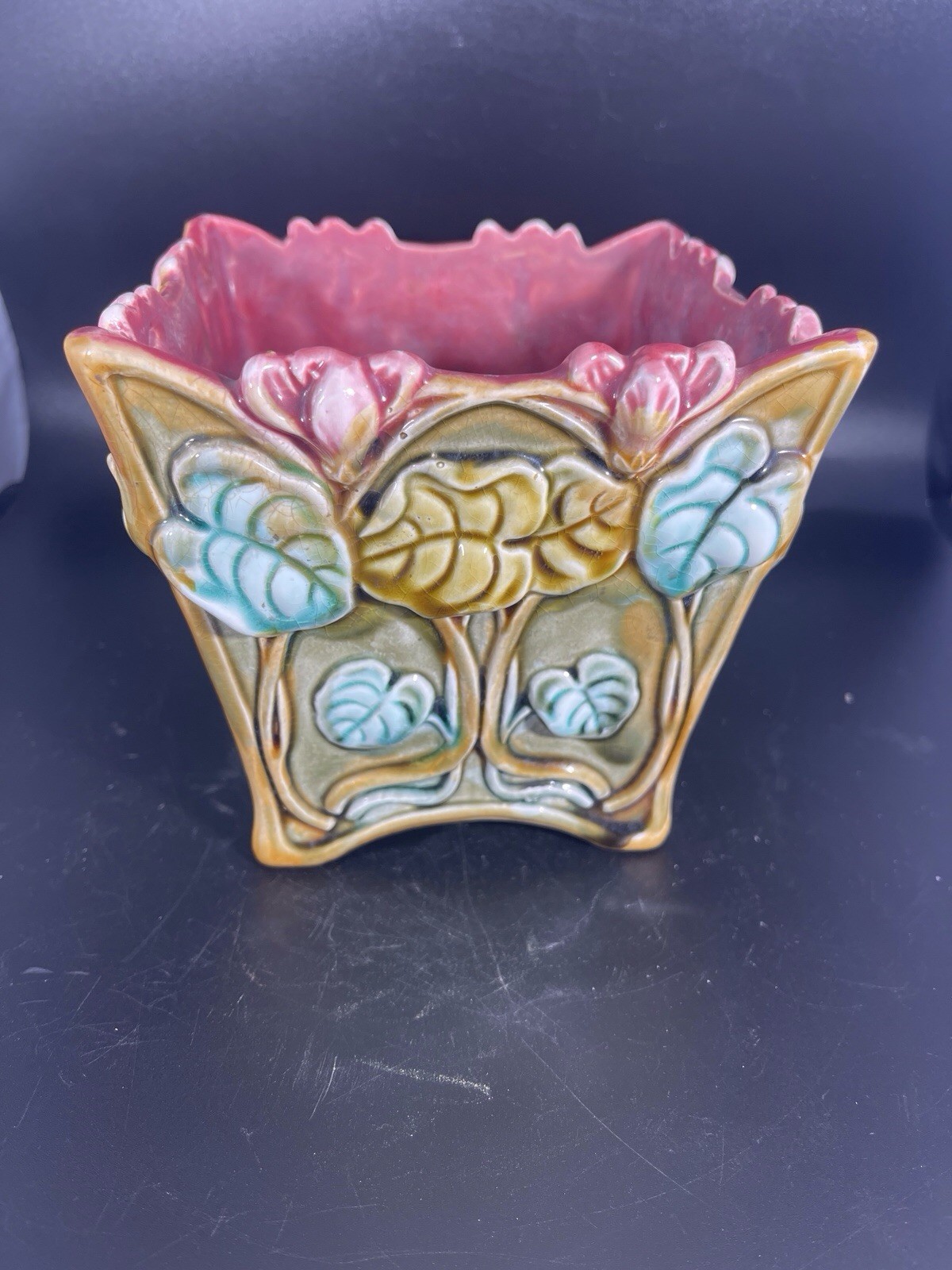 French Majolica Cyclamens Cache Pot Art Nouveau France Frie Onnaing Planter