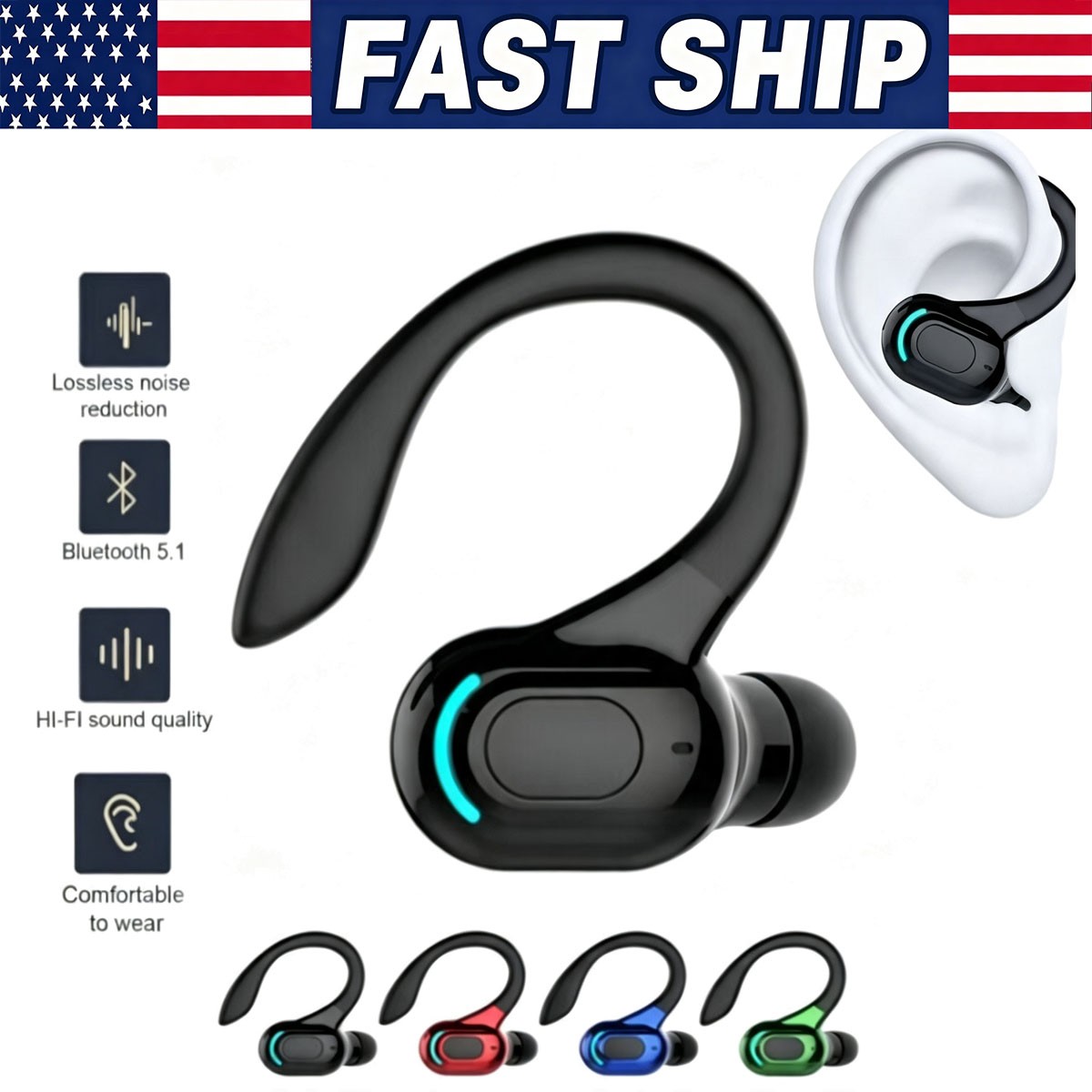Bluetooth 5.1 Headset Wireless Earbuds Earphones Stereo Headphones Ear Hook US