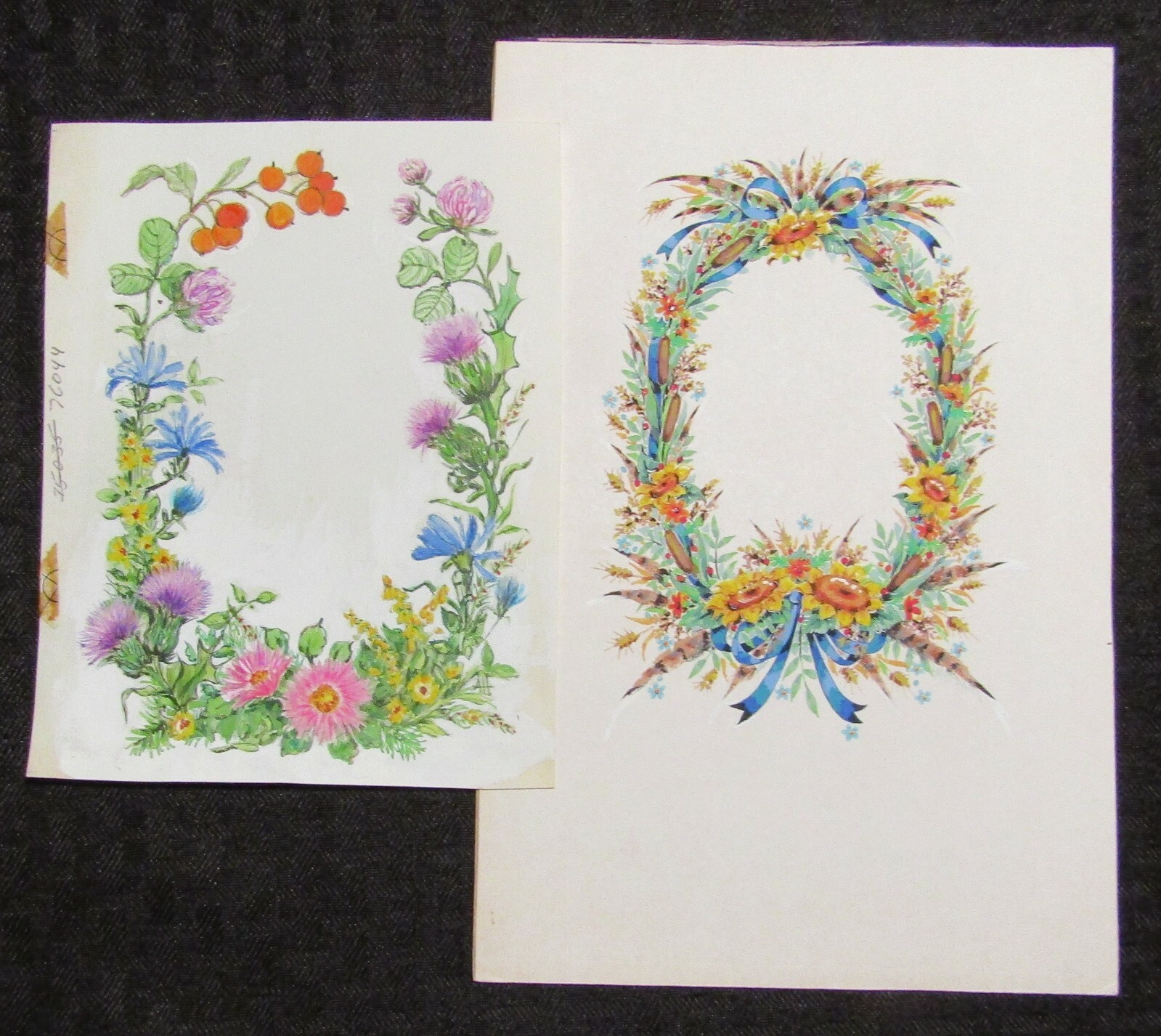 FRIENDLY HELLO Vibrant Flowers w/ Blue Ribbon 6x9.5" Greeting Card Art LOT of 2