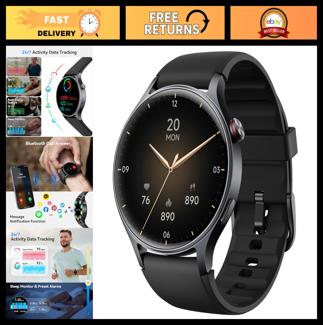 Fitness Smart Watch with 1.32'' AMOLED Screen, Heart Rate/Sleep Monitor, 110 Spo