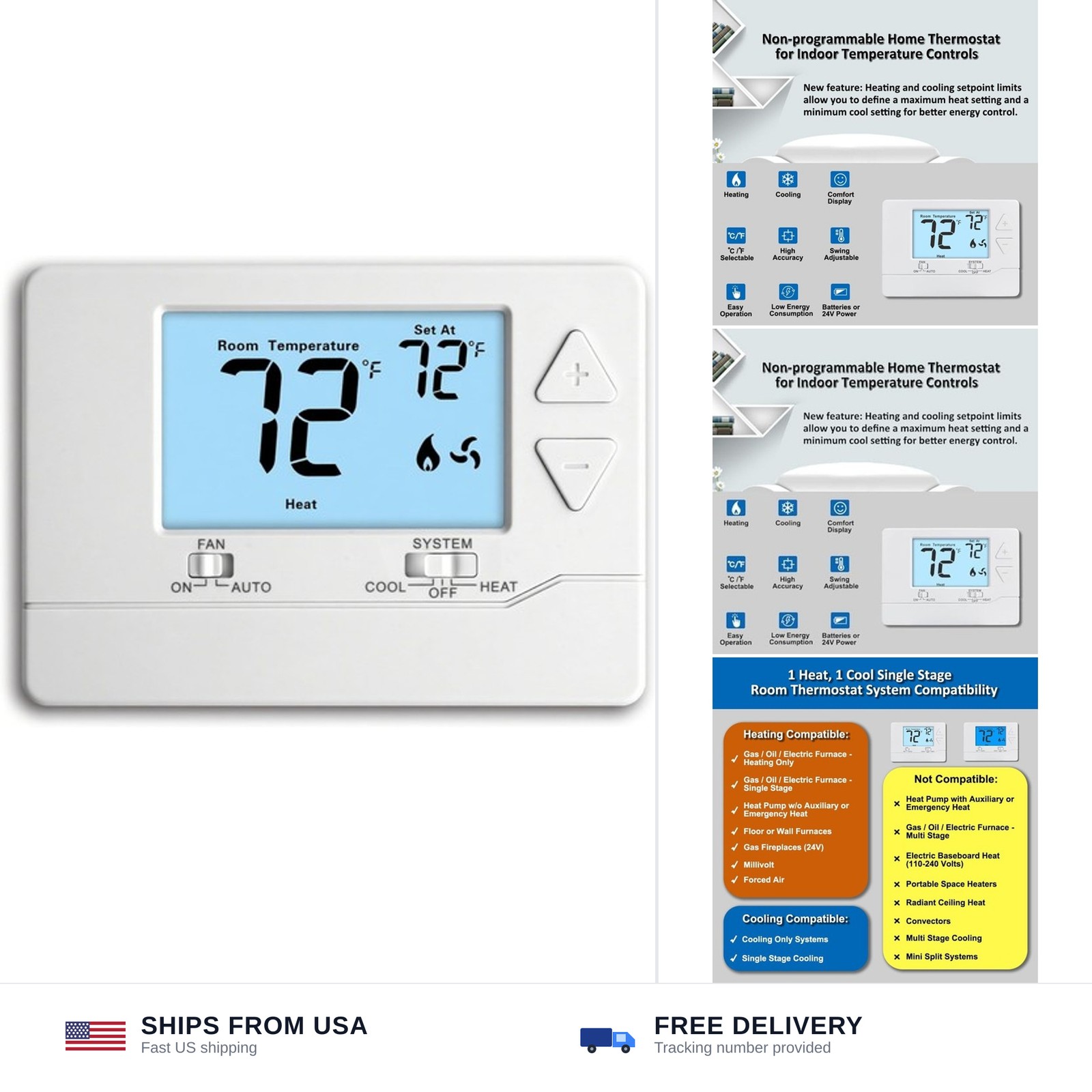 Thermostat for Home Non-Programmable Single-Stage Systems,1 Heat / 1 Cool,Eas...