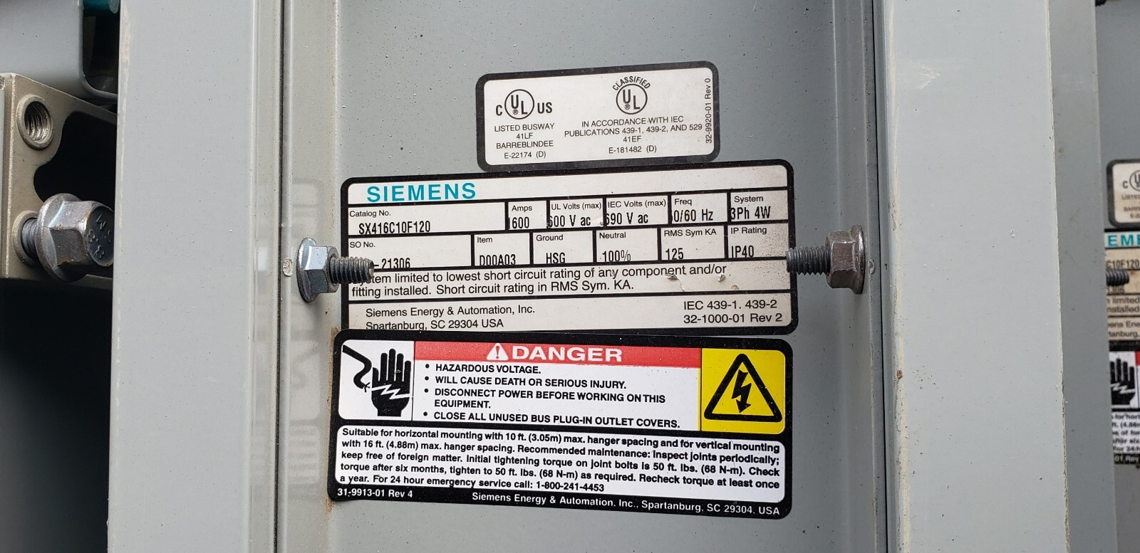 Siemens SX416C10F120 Busway Copper Feeder, 1600A, 3-PH, 4-W, 120", Used