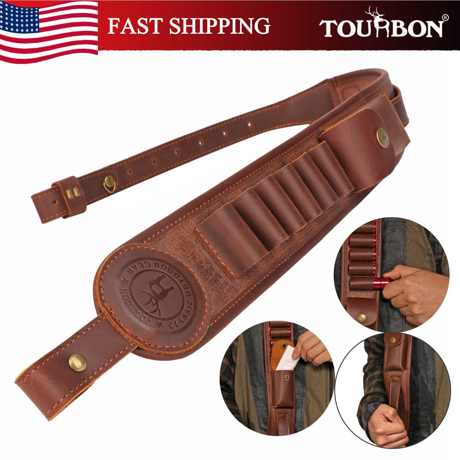 TOURBON 12GA Ammo Carry Holster 2 Point Shotgun Sling Finger Rest Strap Hunting