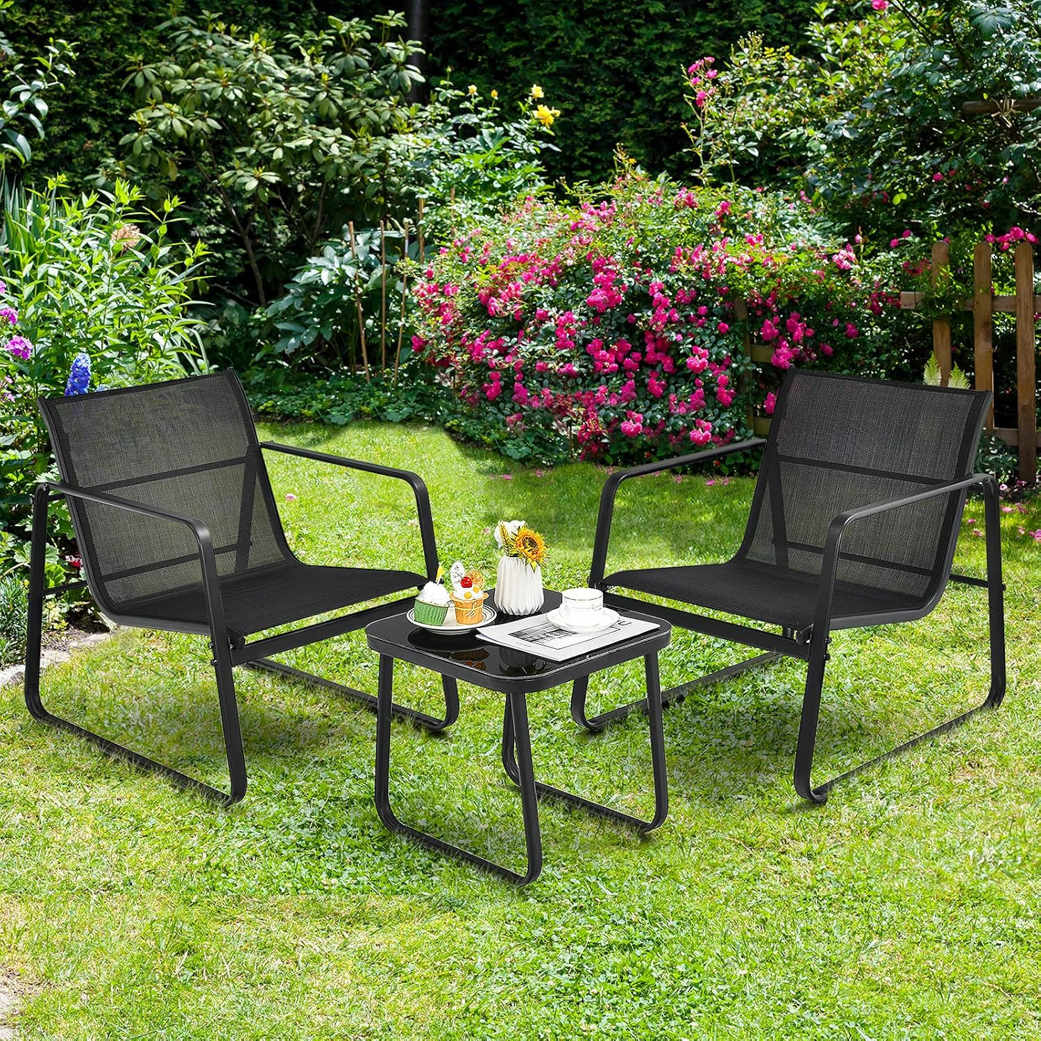 Chic 3-Piece Black Outdoor Conversation Set for Patio and Garden