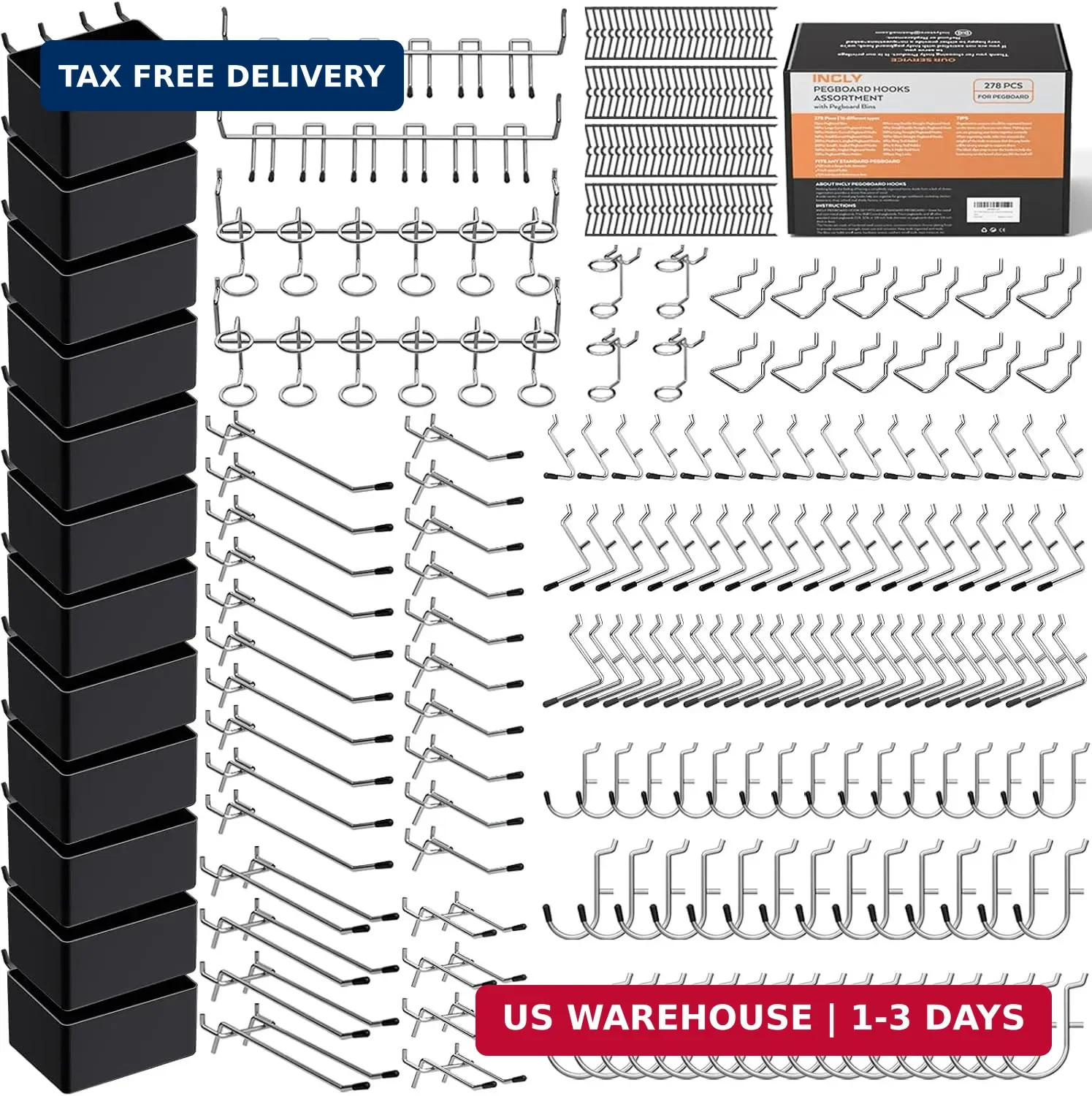INCLY 278PCS Pegboard Accessories Organizer Kit with Peg Borad Hooks & Bins | Pe