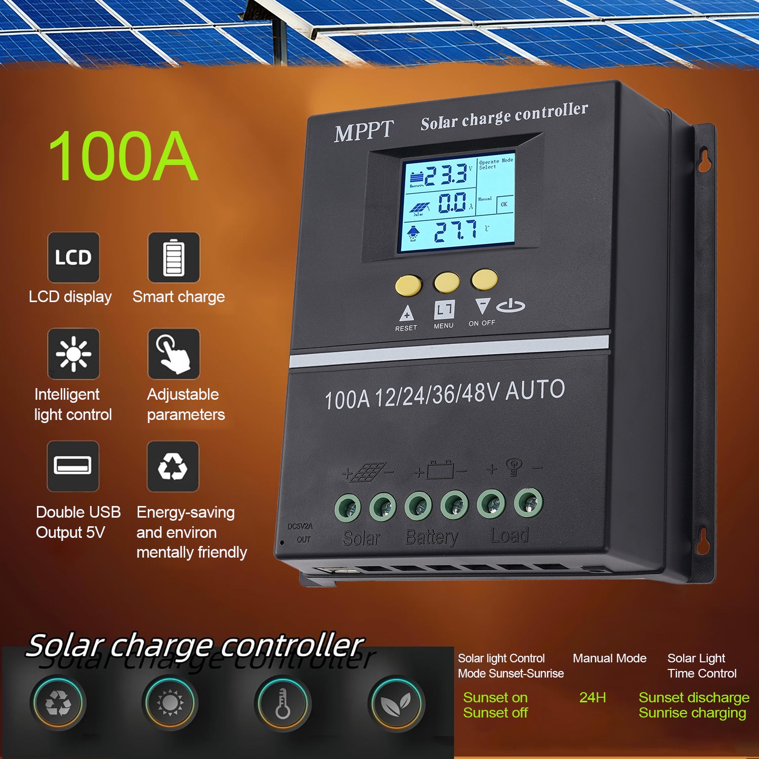 4000W 100A MPPT Solar Charge Controller 12V/24V/36V/48V PV Regulator Auto USB
