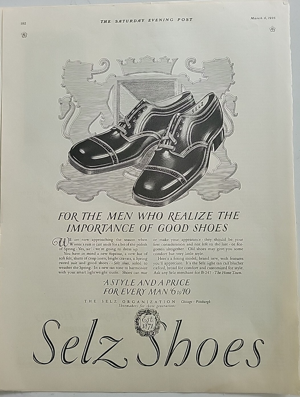 1926 Men's Selz Shoes Importance Good Shoes Vintage Fashion ad
