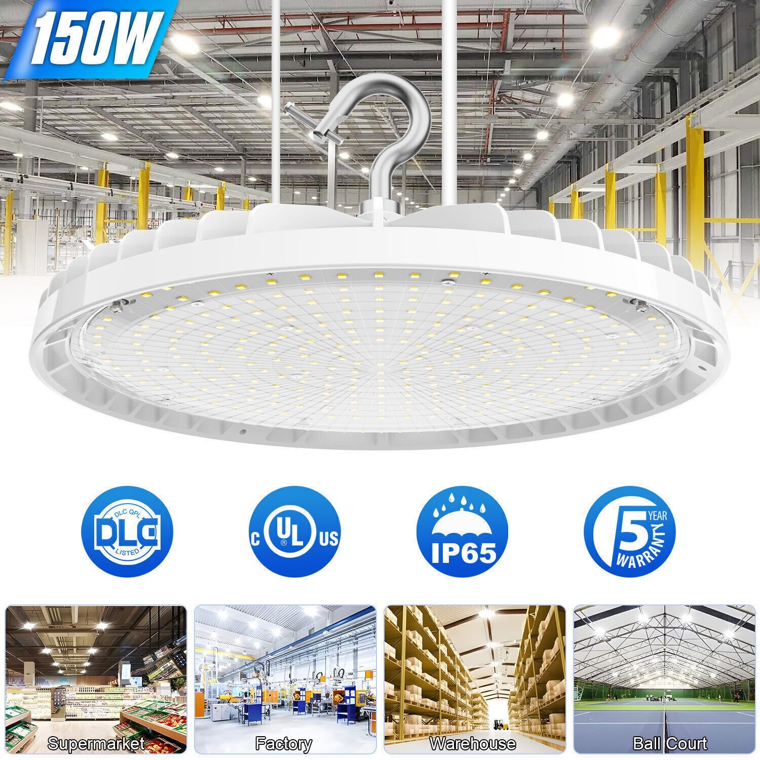 KUKUPPO 150W Led UFO High Bay Light Industrial Warehouse Factory Commercial Lamp
