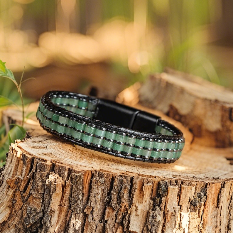 Men Double Green Aventurine Stainless Steel Bracelet Magnet Clasp Cuff Bangle