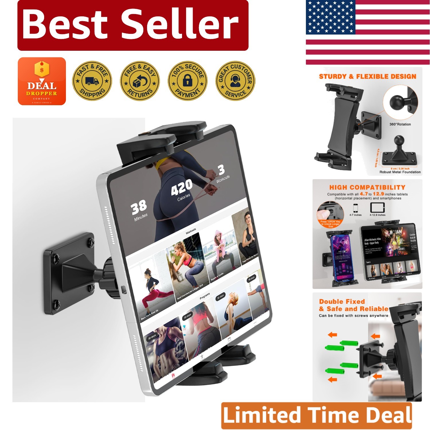 Universal Tablet Wall Mount with 360° Rotation - Fits 4.7-12.9" Devices Securely