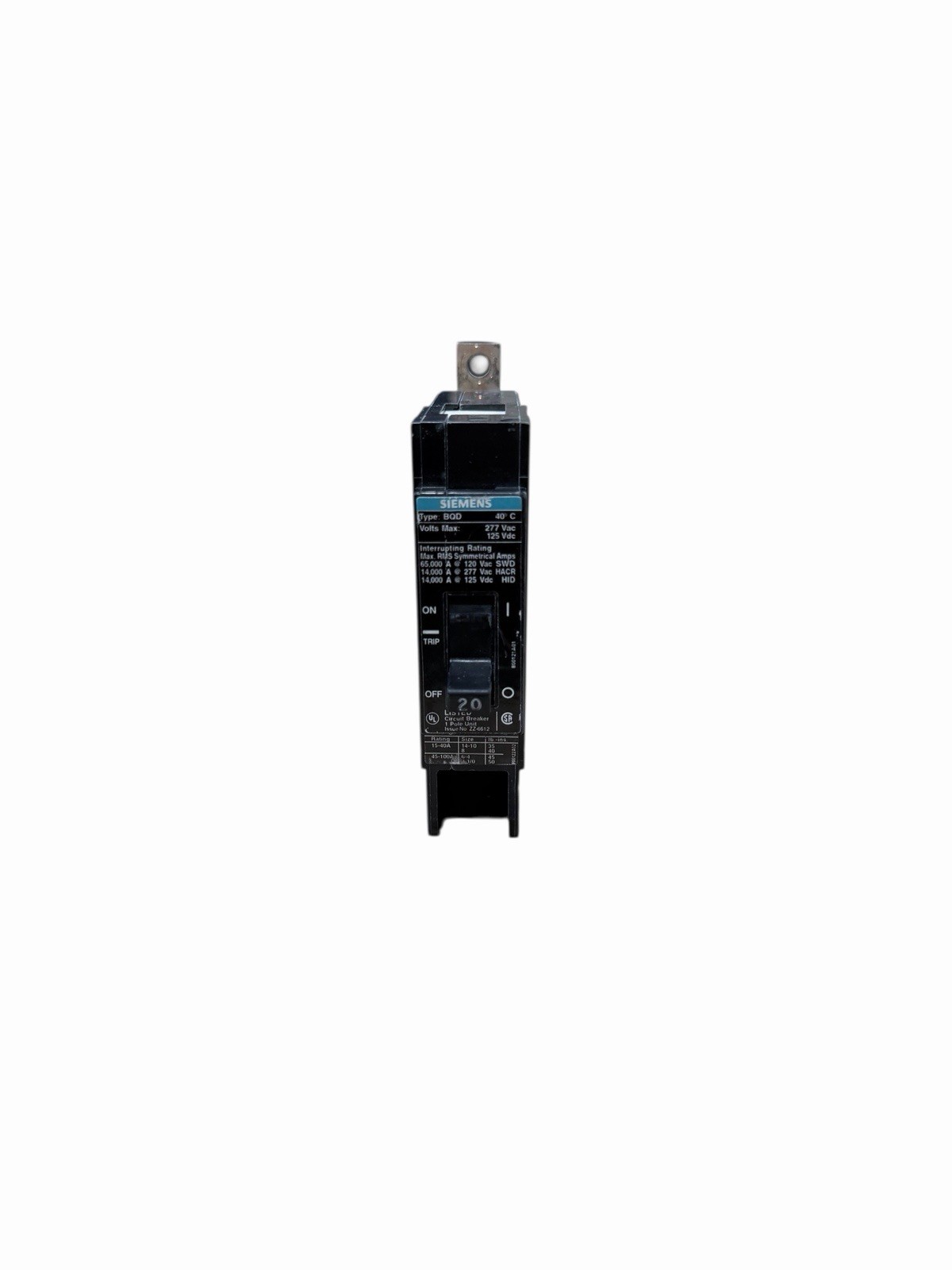 Siemens BQD120 20A 1 Pole 277V Bolt-On Circuit Breaker
