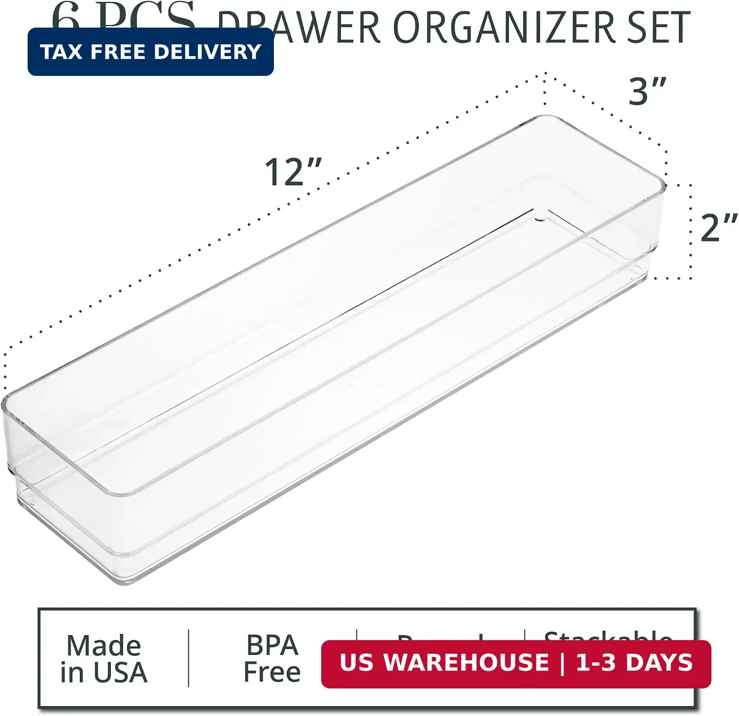 SimpleSort 6-Piece Stackable Clear Drawer Organizer Set | 12" x 3" x 2" Re