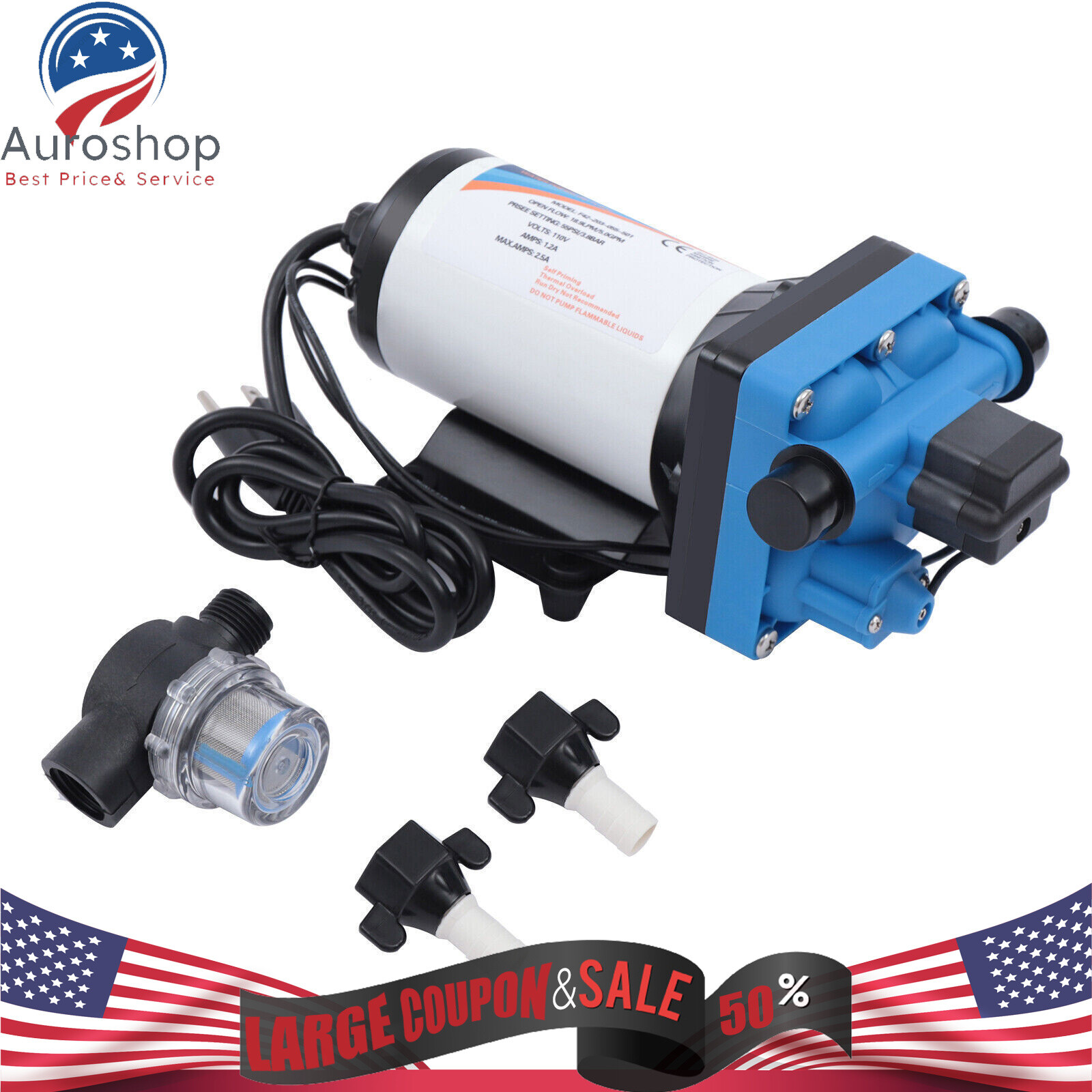 12 Volt 5.0 GPM Marine Water Pump 110V 55PSI High Pressure RV/Boat/Marine