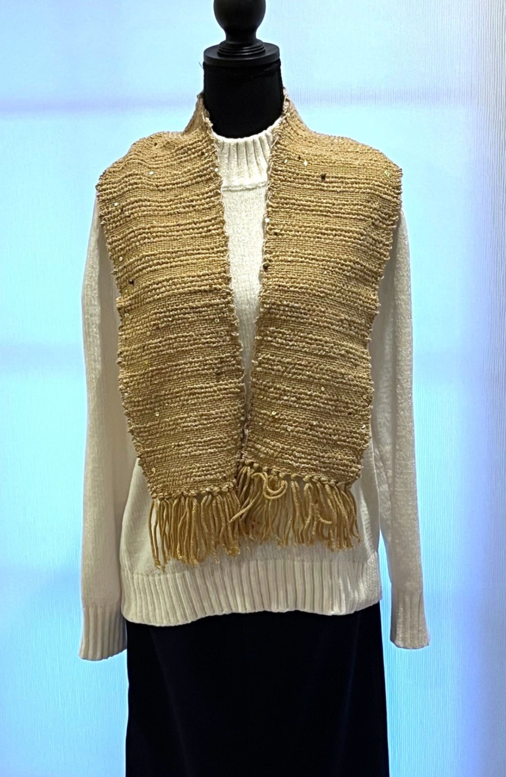 Handwoven Tan Scarf with Beads and Sequins