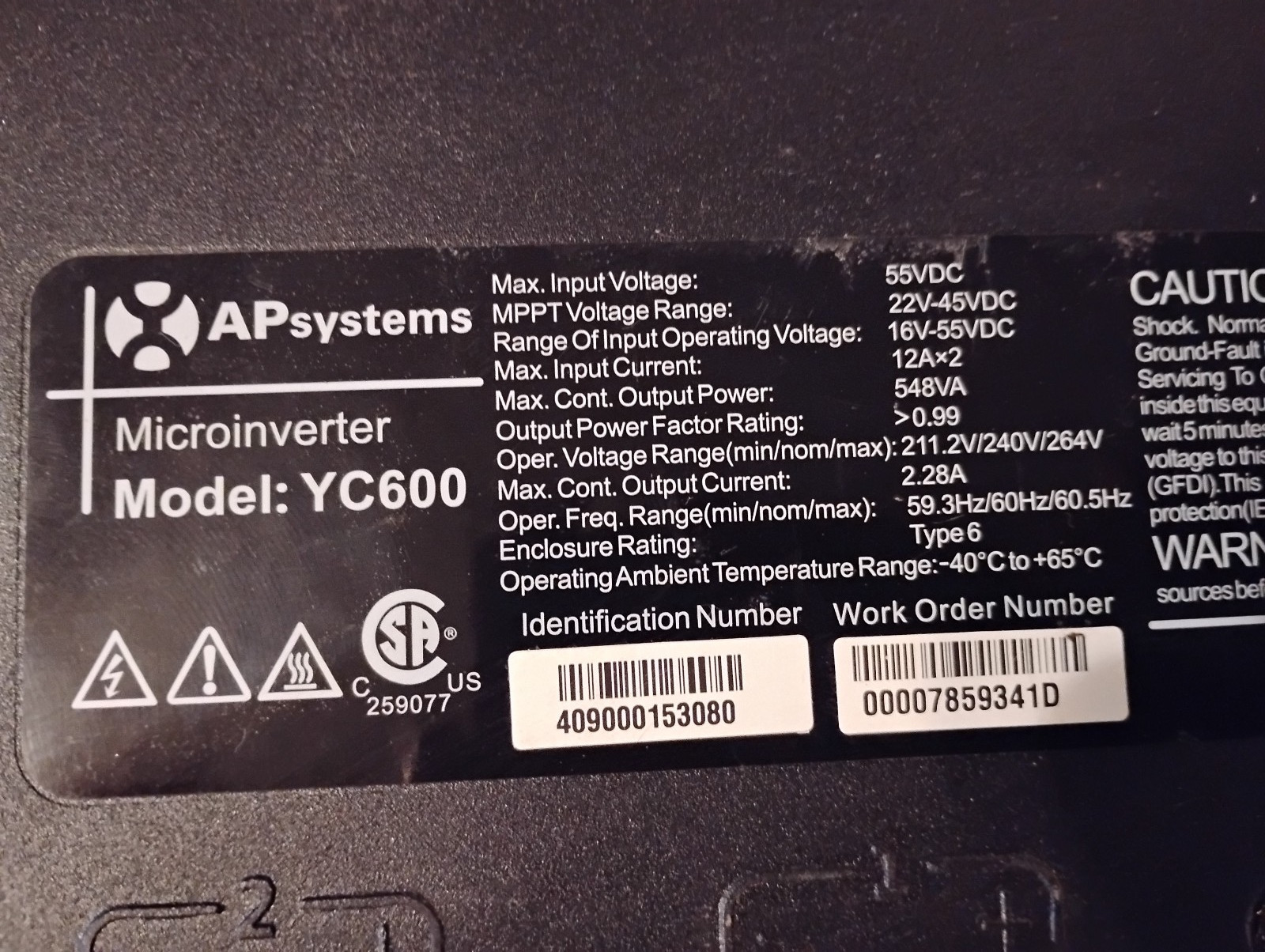 APsystems Microinverter, model YC-600(Y)-NA, for solar panels