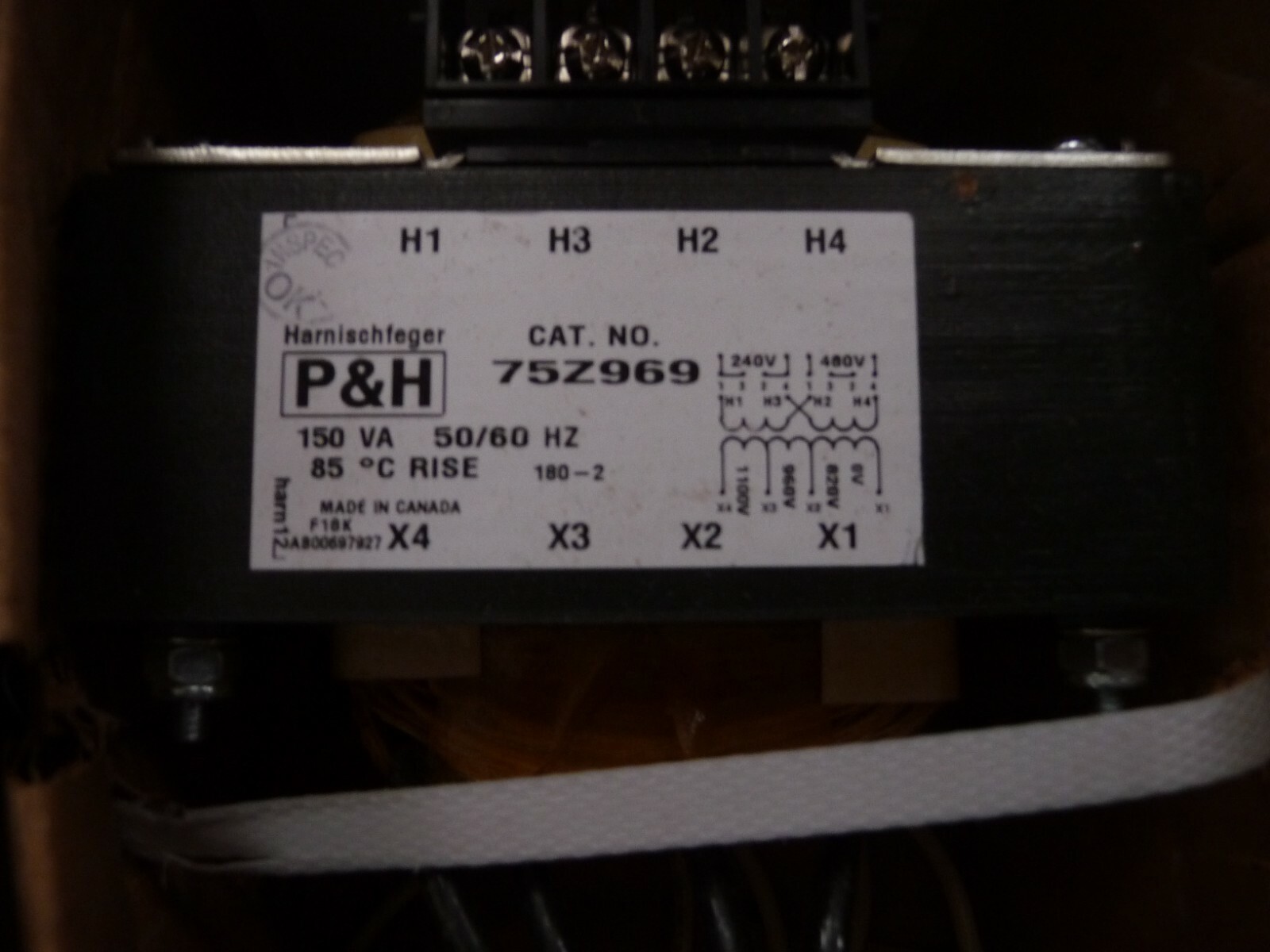 P&H Harnischfeger Transformer 75Z969 240-480/120VAC 150VA 50/60Hz New