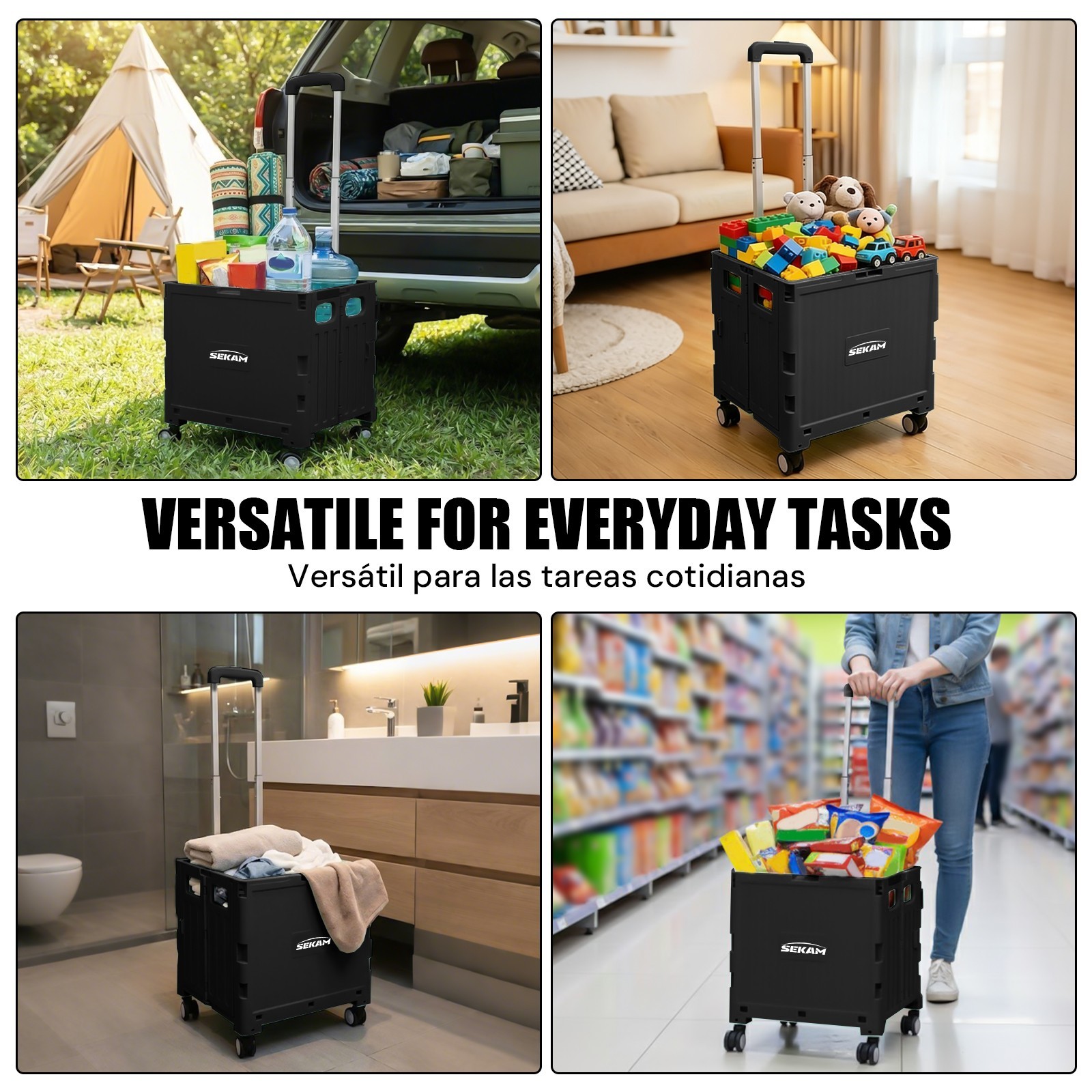 Foldable Rolling Crate with Lid & Telescopic Handle Portable Utility Cart Black