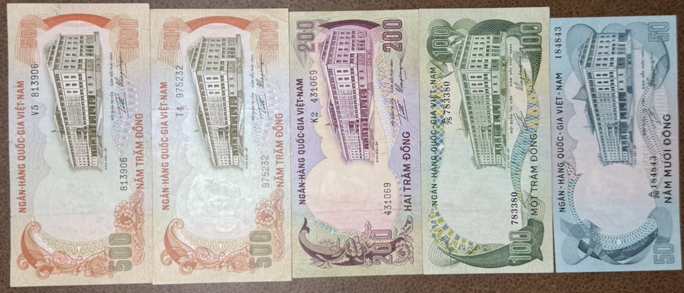 South Vietnam 1970s 50 - 500 Dong 5 Note Collectors Set