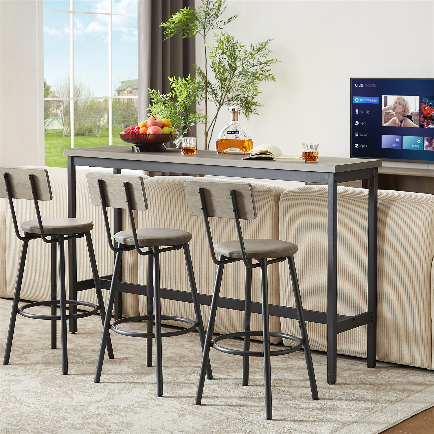 4 Piece Bar Table Set Counter Height Kitchen Pub Table with 3 Bar Stool Gray