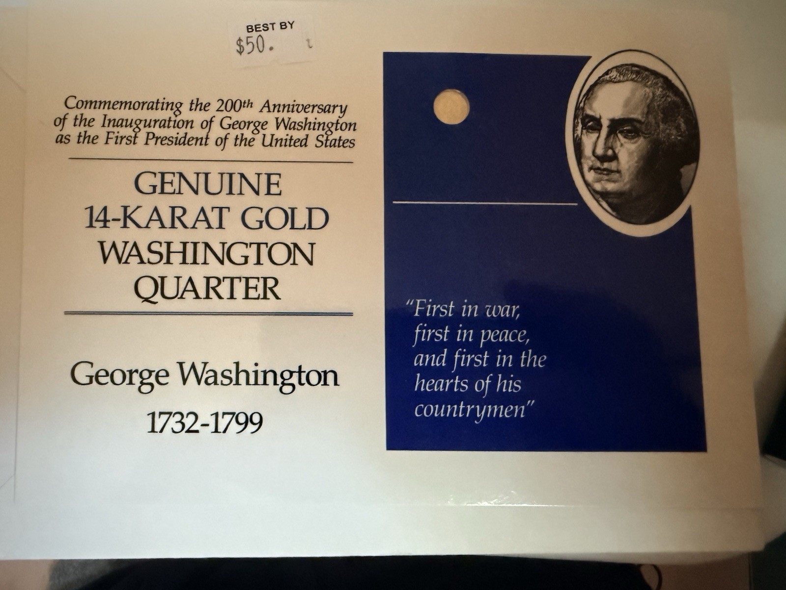 14 Karat Gold George Washington Miniature Quarter with COA
