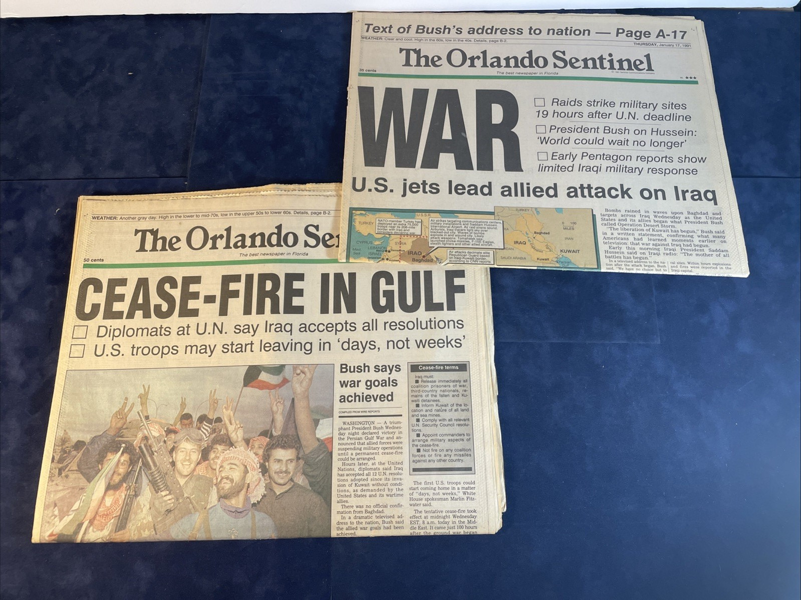 2 Original 1991 Orlando Sentinel Newspapers | Gulf War Beginning & End Operation