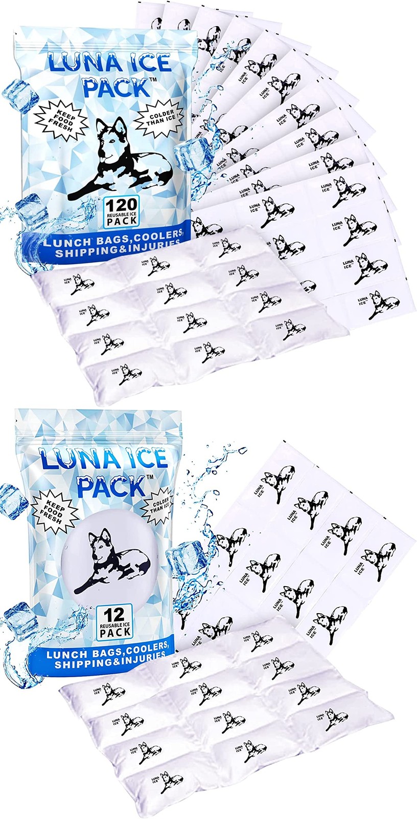 Luna Ice Gel Packs Bundle 132 Pack - Dry for Shipping Frozen White