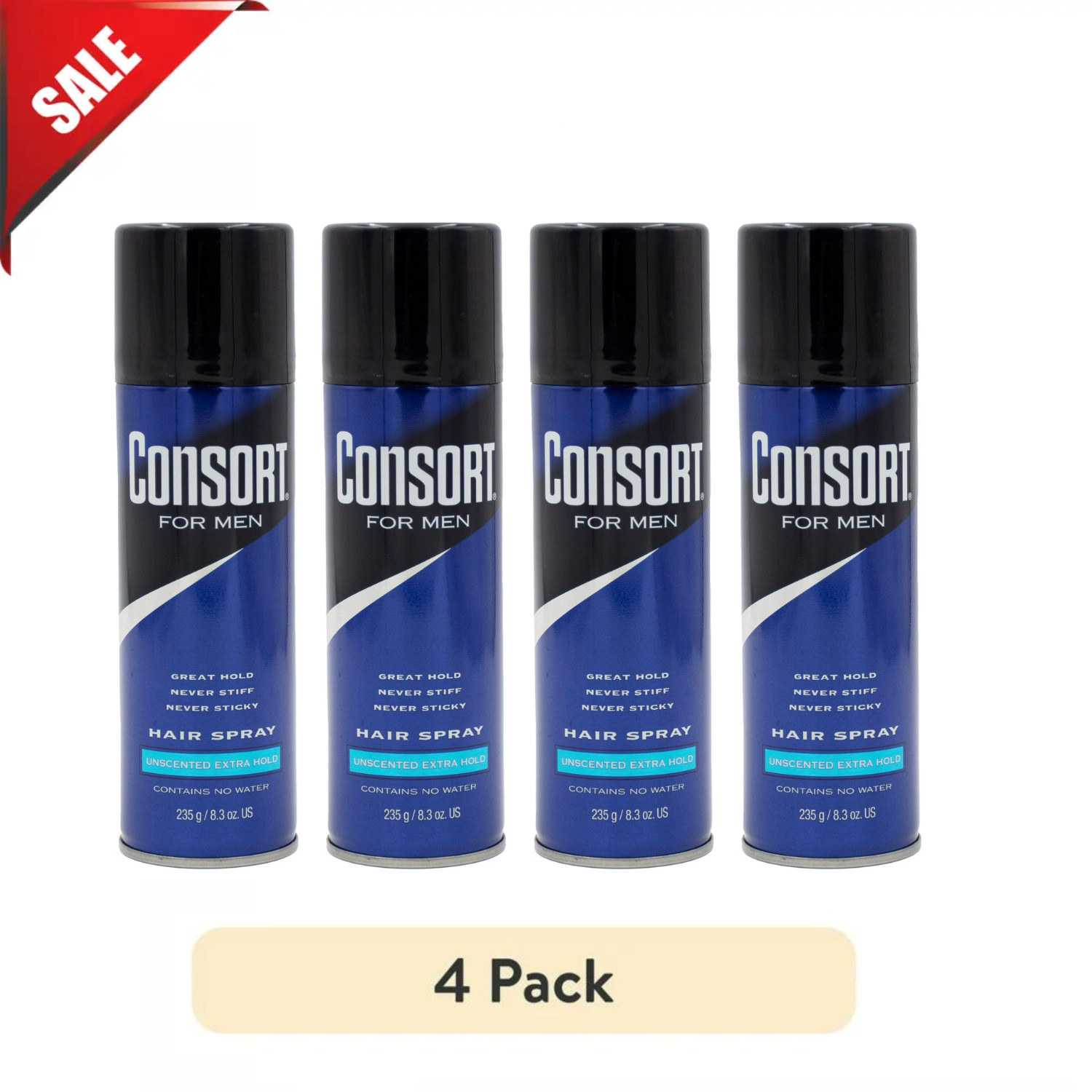 (4 pack) Consort Unscented Extra Hold Hair Spray for Men, 8.3 oz,Shine Enhancing
