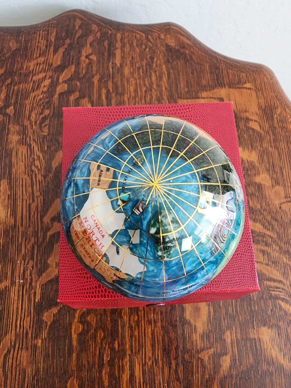 Handcrafted Gemstone Globe Paperweight in Decorative Red Box