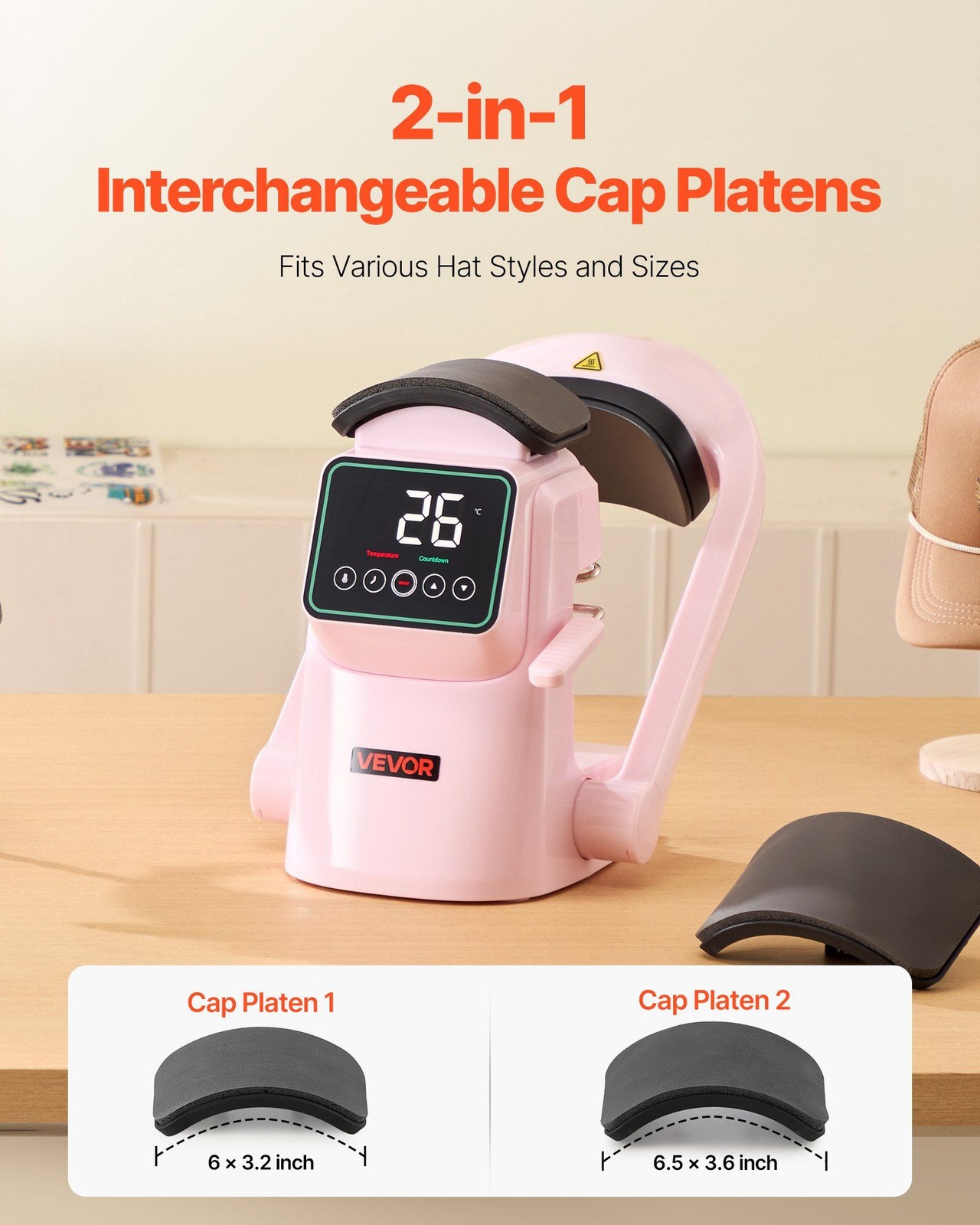 Touchscreen Hat Heat Press Pink - Auto Machine w/2 Interchangeable Platens