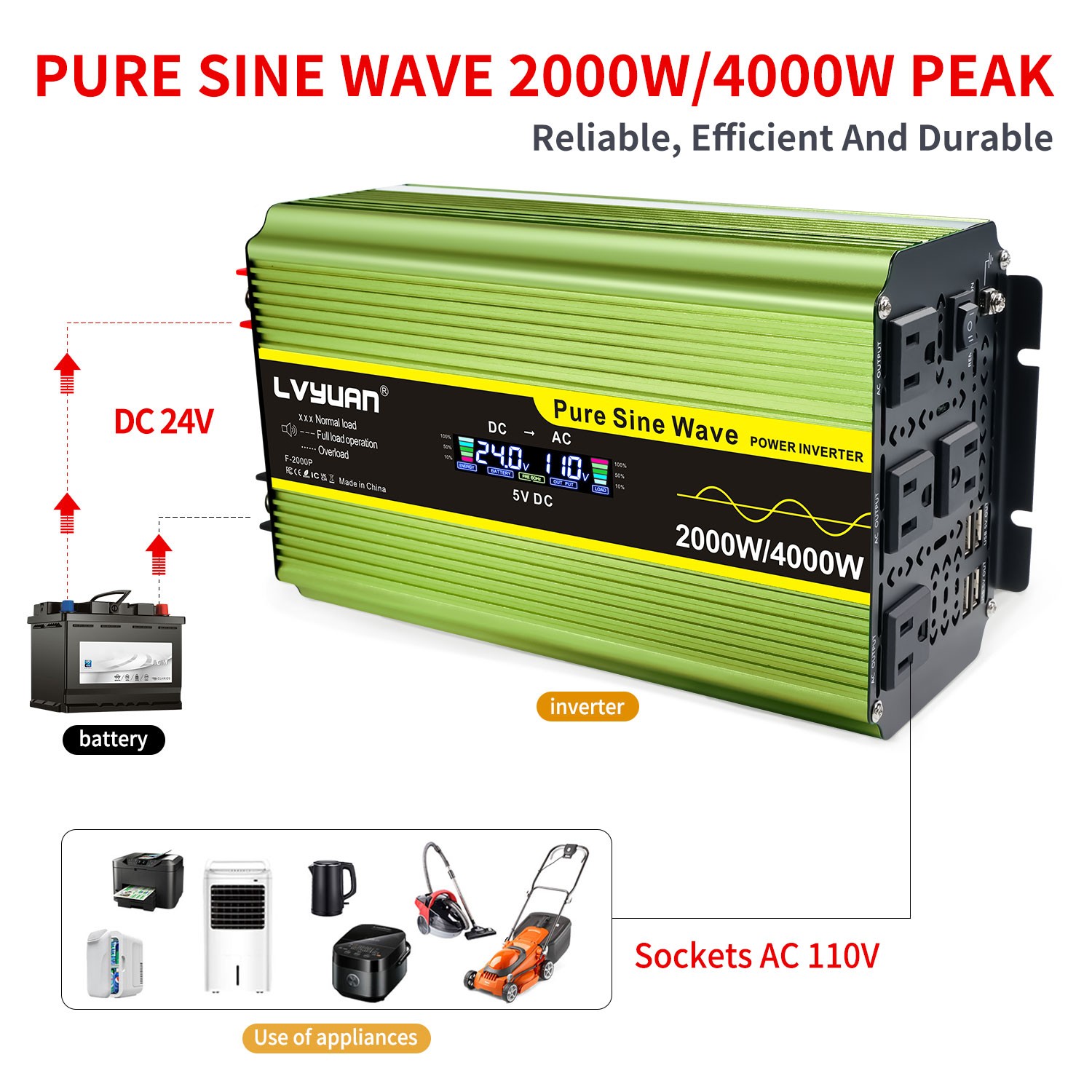 2000W 4000W Pure sine Wave Power Inverter Converter 24V to 110V w/4AC 4USB LCD
