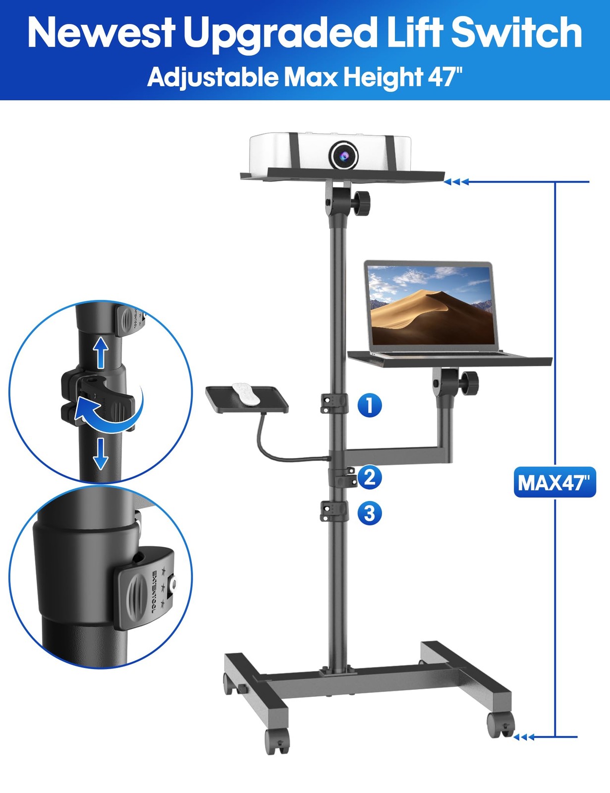 ORWOD Dual Shelf Projector & Laptop Tripod Stand, Mobile, Adjustable Height