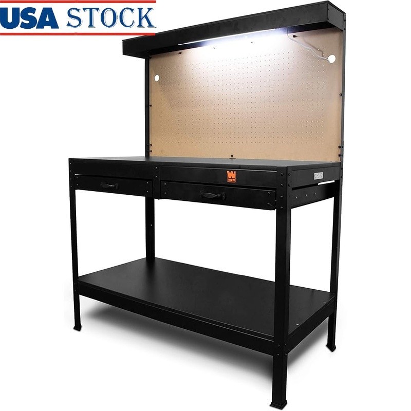 Heavy Duty Metal Workbench W/ Drawers Power Outlets & Pegboard Organization New