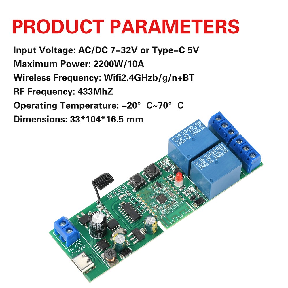 AC/DC 7-32V 2-Channel Bluetooth WIFI Relay Switch Module Self-locking 433MHz