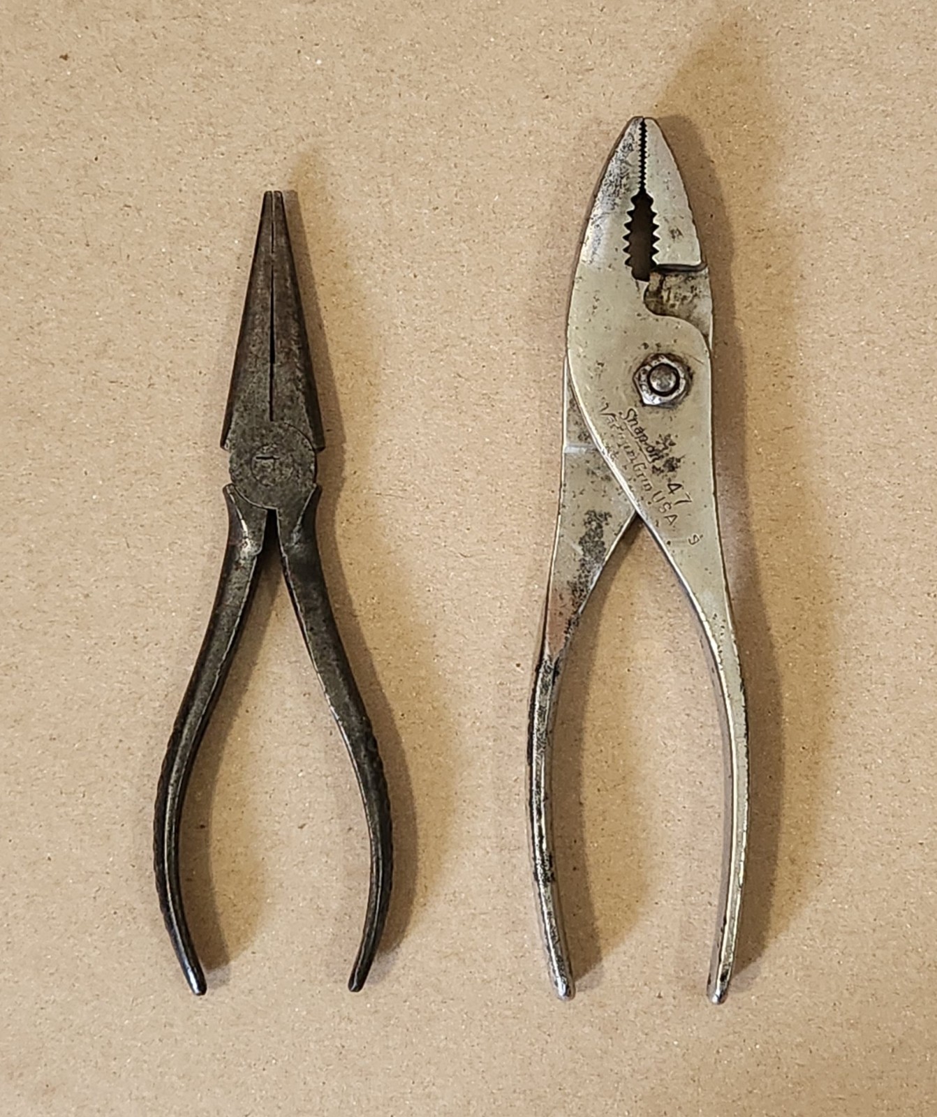 Lot of 2 Vintage Snap On No. 196 Needle Nose & 47  Slip Joint Vacuum Grip Pliers