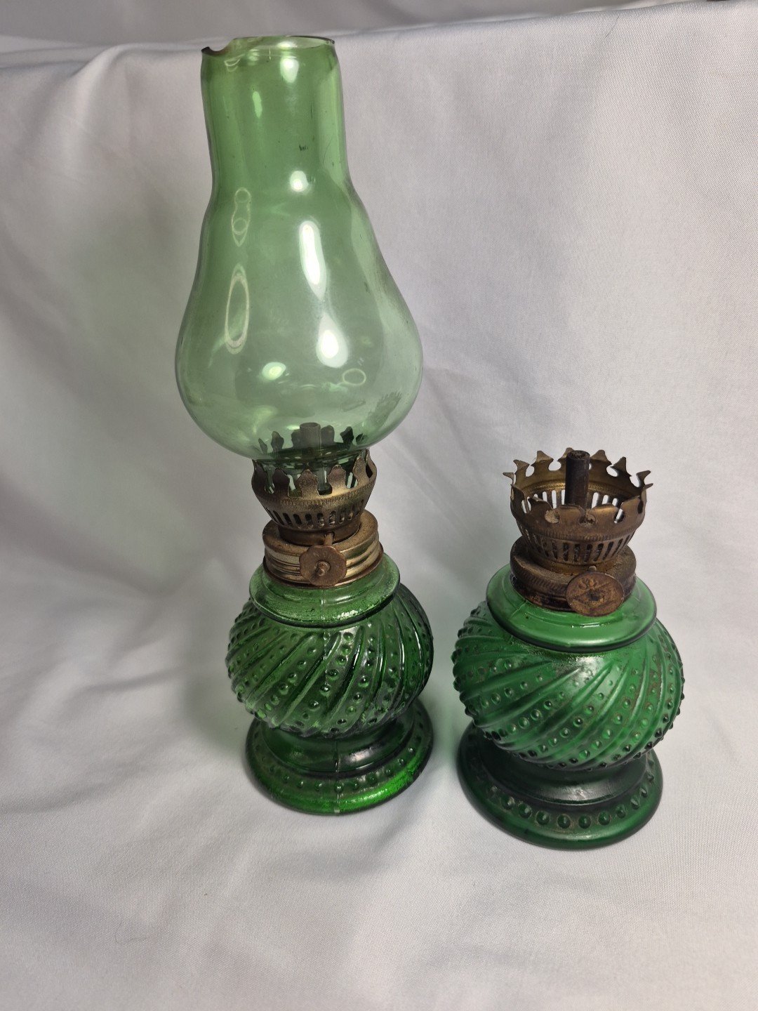 2- Vintage Green Hobnail Glass Small Oil Lamps Green Globe  Japan & Hong Kong 9"