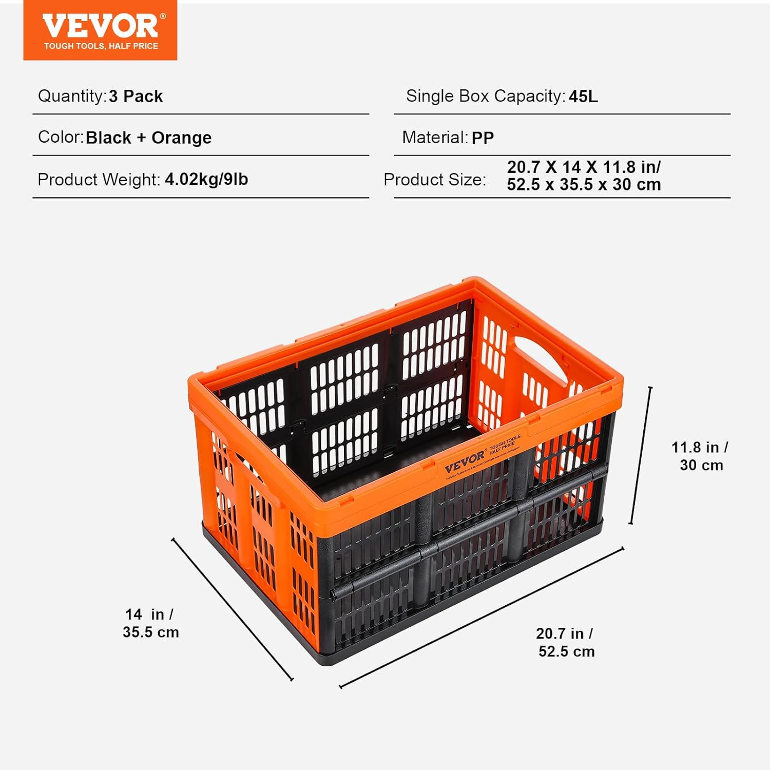 45L Collapsible Milk Crates 3 Packs, Stackable Storage Baskets with Handles, Fol