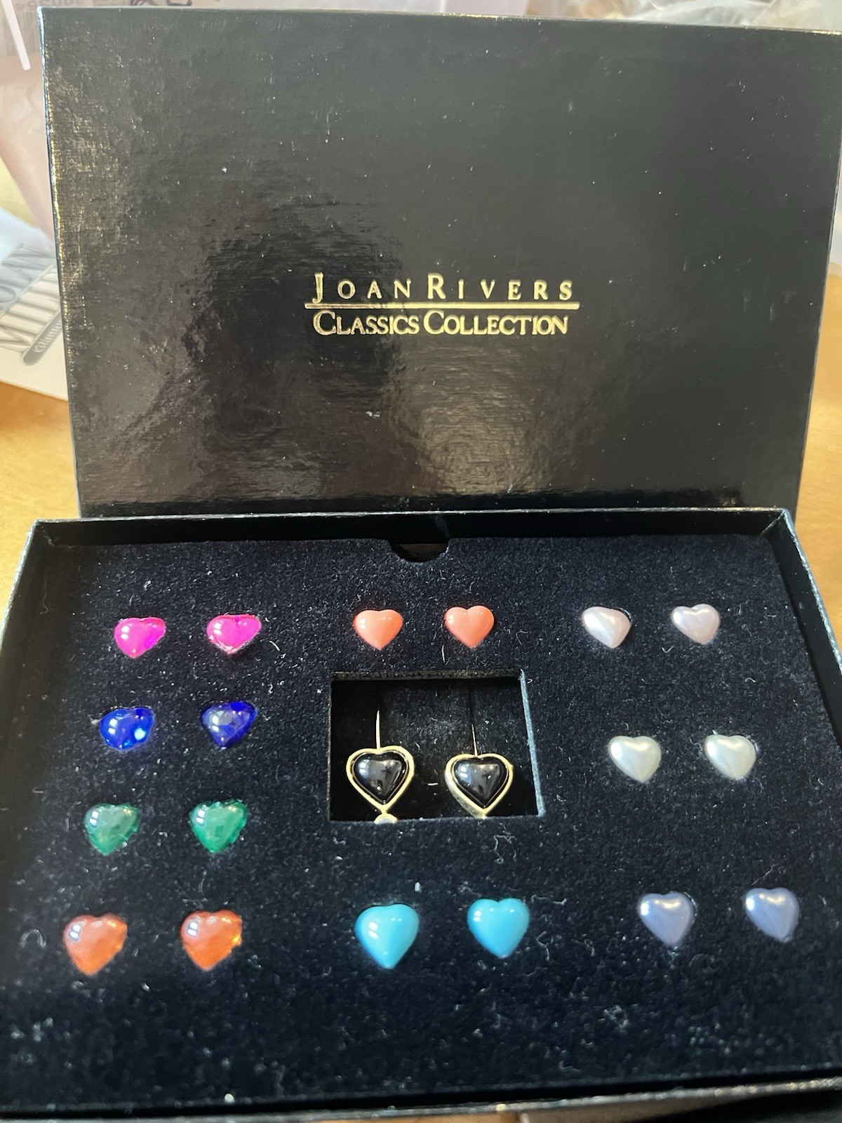 Vintage JOAN RIVERS Gold Tone NIB Interchangeable 10 Color Heart Earings #289
