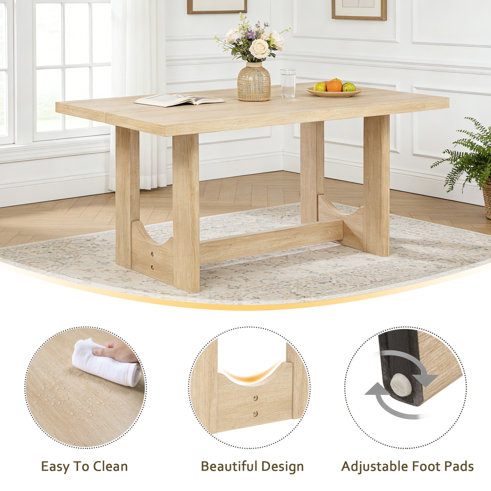 6-Piece Dining Set with Bench & Rectangular Wooden Table & 4 Upholstered Chair