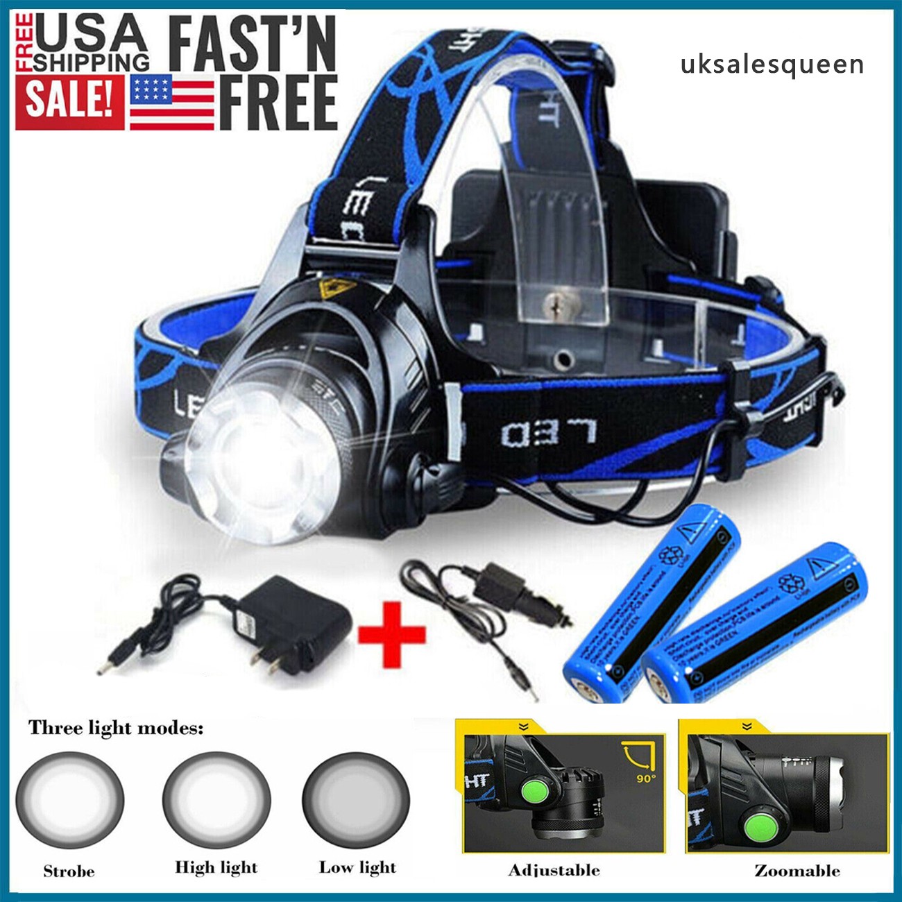 Powerful 12000000LM LED Rechargeable Headlight Zoomable Headlamp Head Torch US