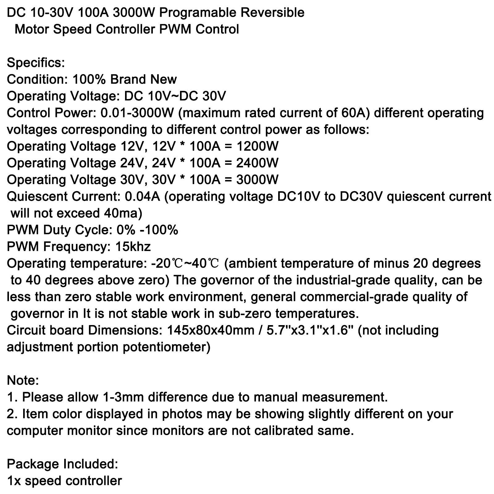 DC 12V 24V 30V 100A 3000W Programable Reversible Motor PWM Speed Controller