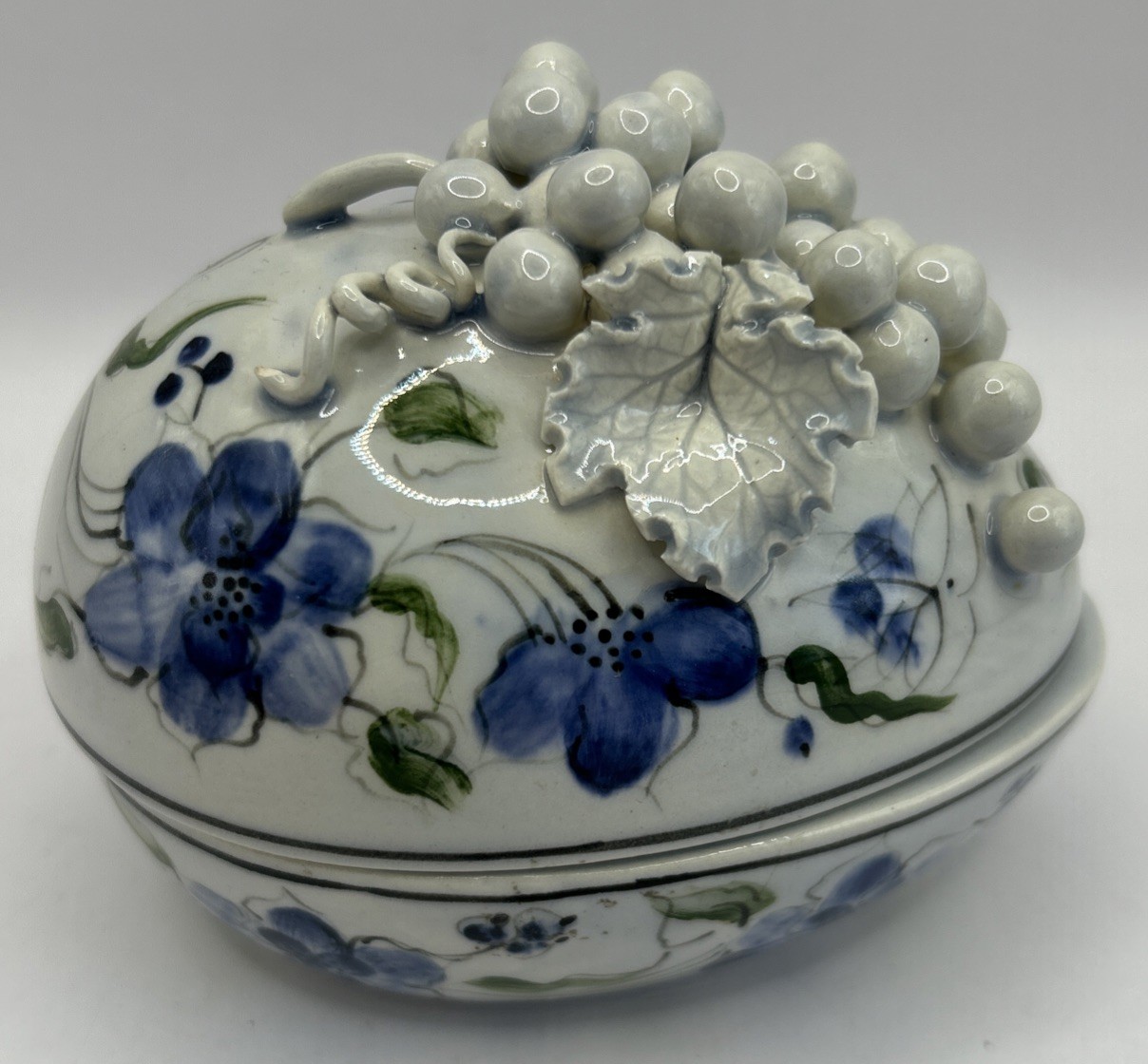 Handpainted Ceramic egg with grapes trinket box