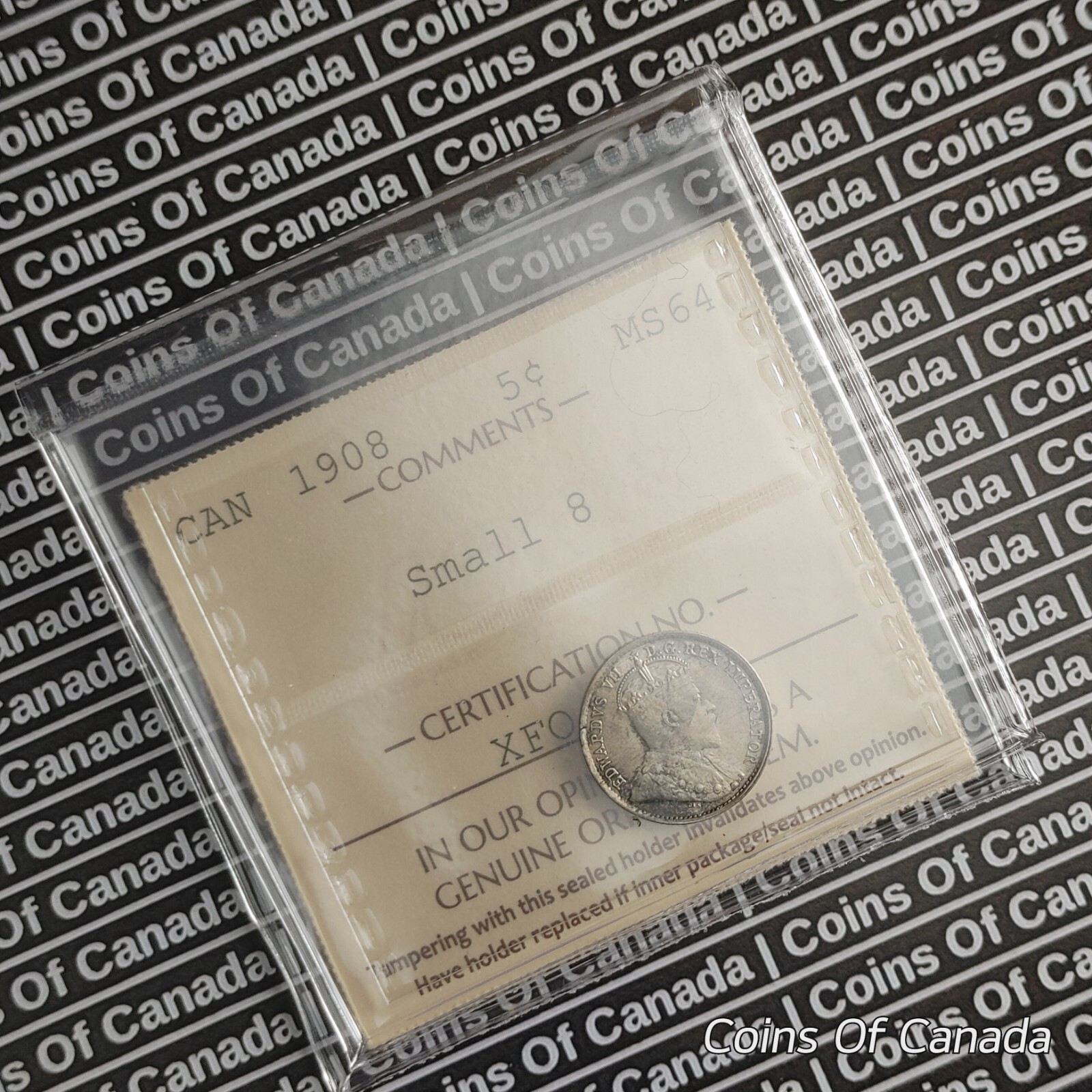 1908 Canada 5 Cent Silver Coin ICCS - MS 64 Small 8 #coinsofcanada